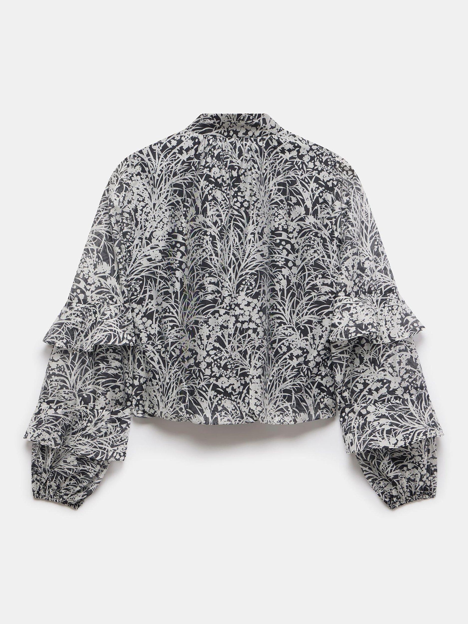 Product image 8 of 8, which shows Mint Velvet Floral Print Long Sleeved V-Neck Cotton Blouse, Black/Multi, XS