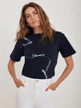 Mint Velvet Graphic Ribbon Print Crew Neck Cotton T-Shirt