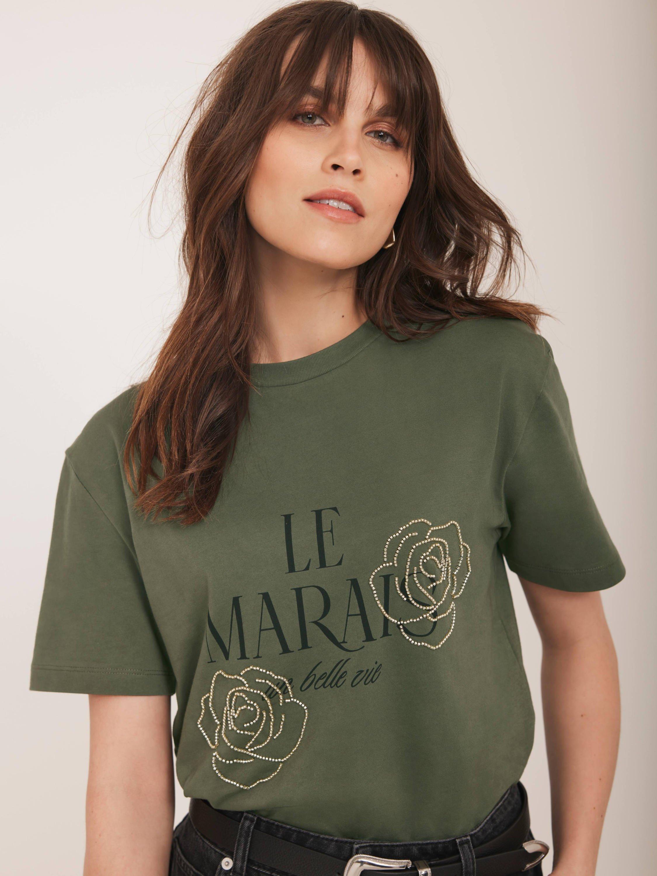Product image 2 of 7, which shows Mint Velvet Graphic Slogan Cotton T-Shirt, Khaki, XS