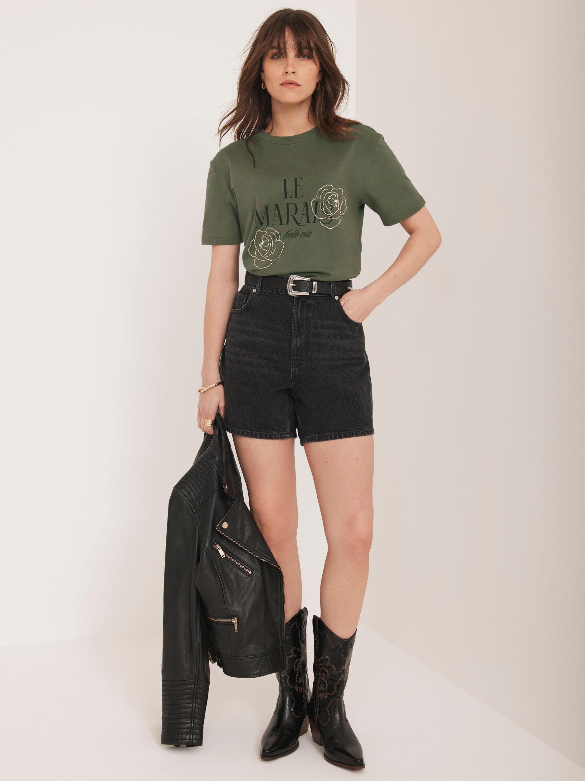 Product image 4 of 7, which shows Mint Velvet Graphic Slogan Cotton T-Shirt, Khaki, XS
