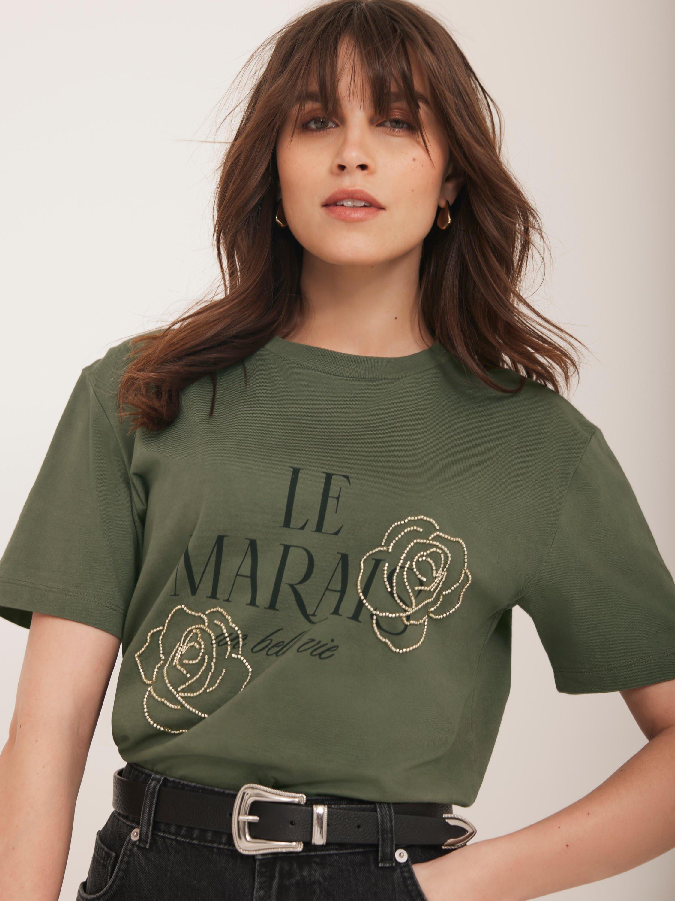 Product image 5 of 7, which shows Mint Velvet Graphic Slogan Cotton T-Shirt, Khaki, XS