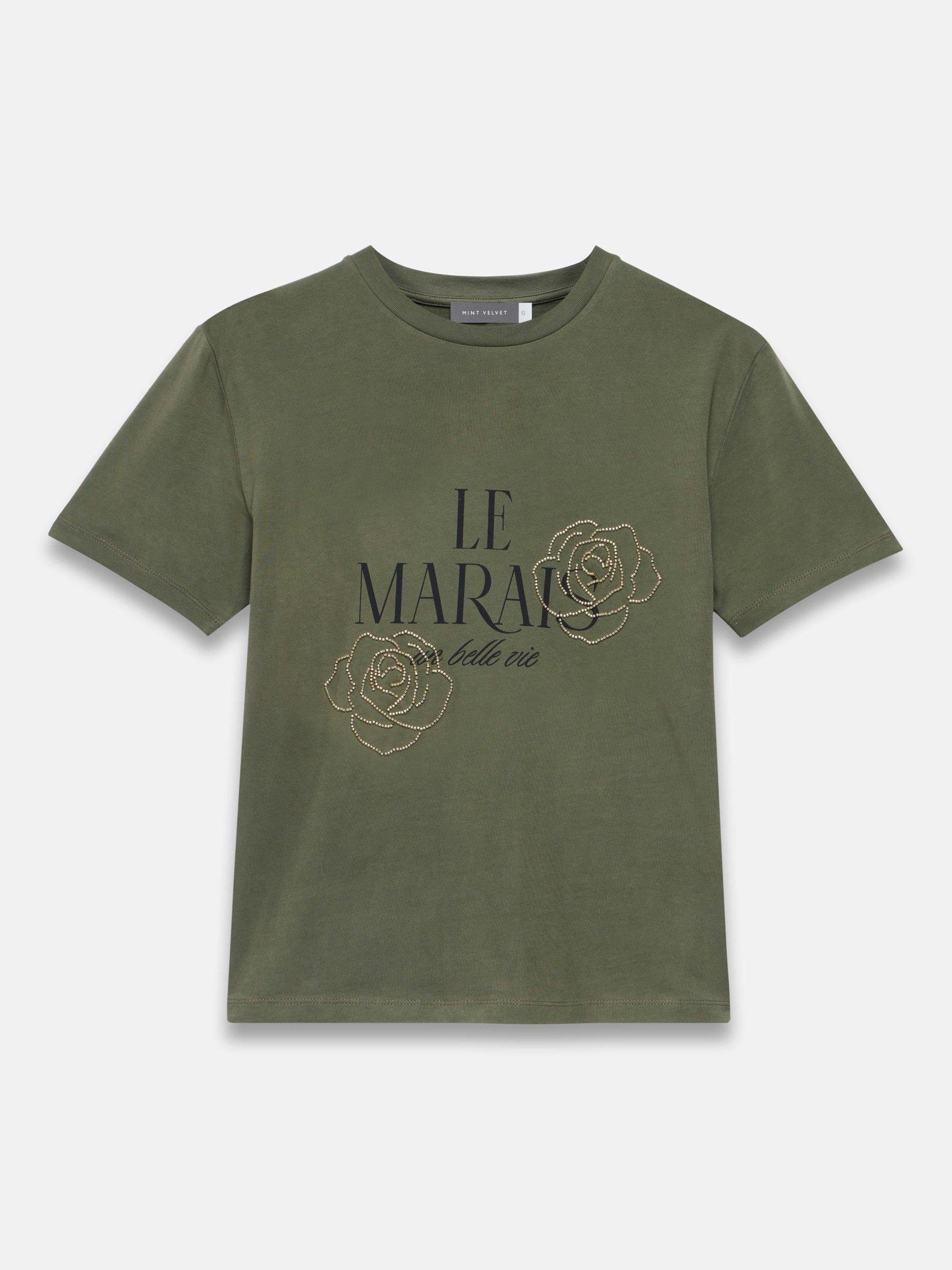 Product image 6 of 7, which shows Mint Velvet Graphic Slogan Cotton T-Shirt, Khaki, XS