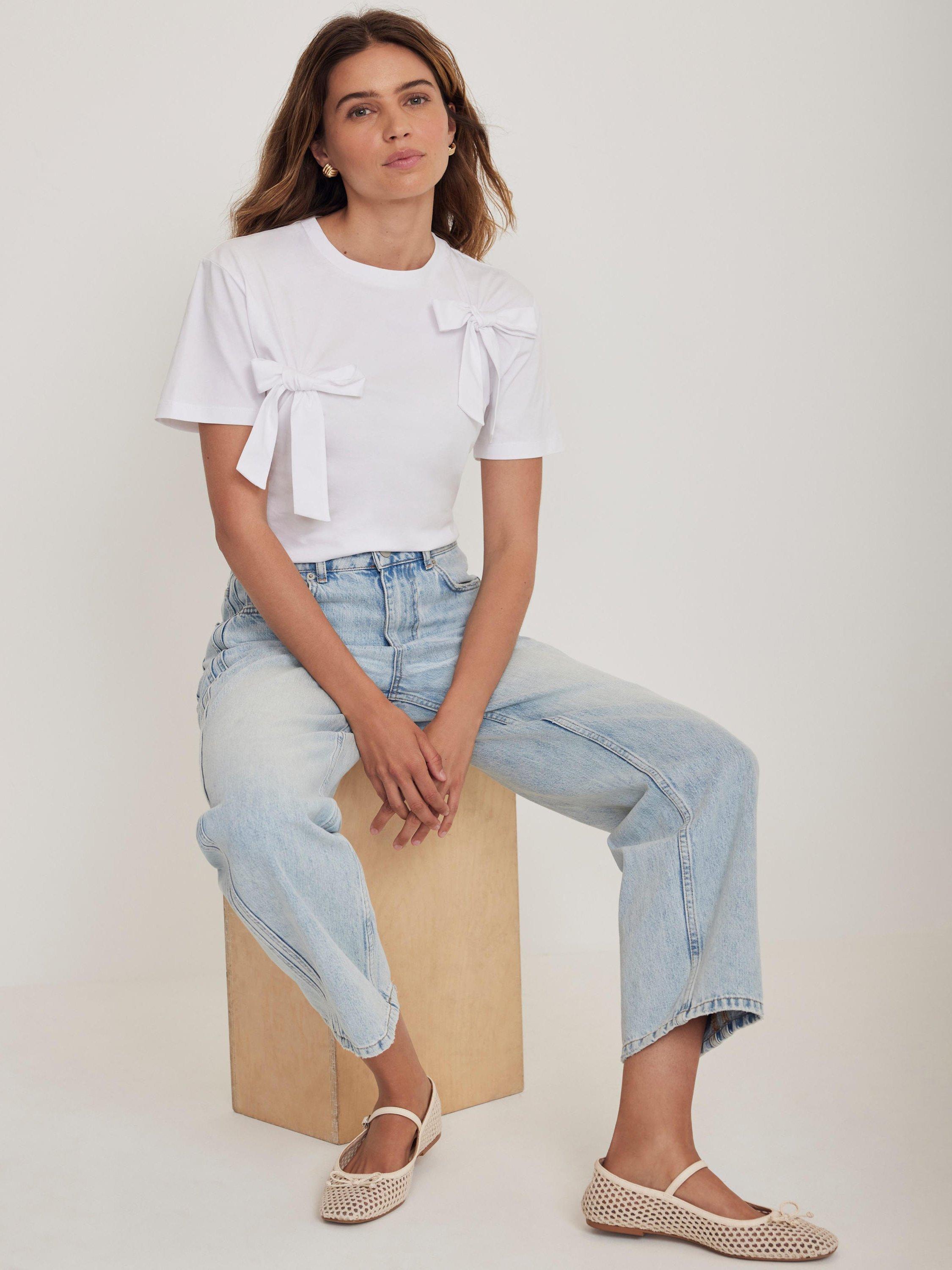 Product image 4 of 9, which shows Mint Velvet Bow Detail Crew Neck Cotton T-Shirt, White, XS