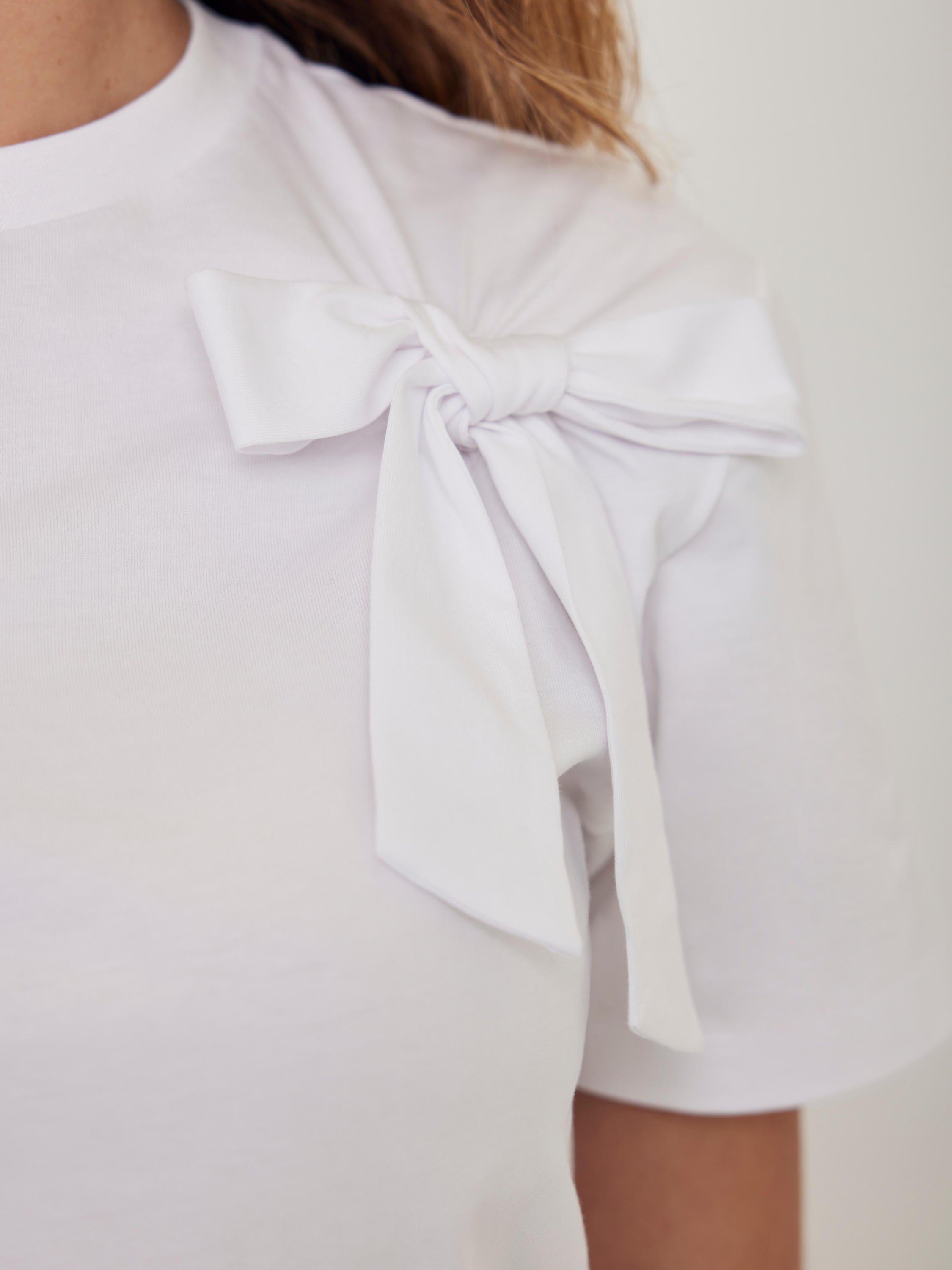 Product image 5 of 9, which shows Mint Velvet Bow Detail Crew Neck Cotton T-Shirt, White, XS