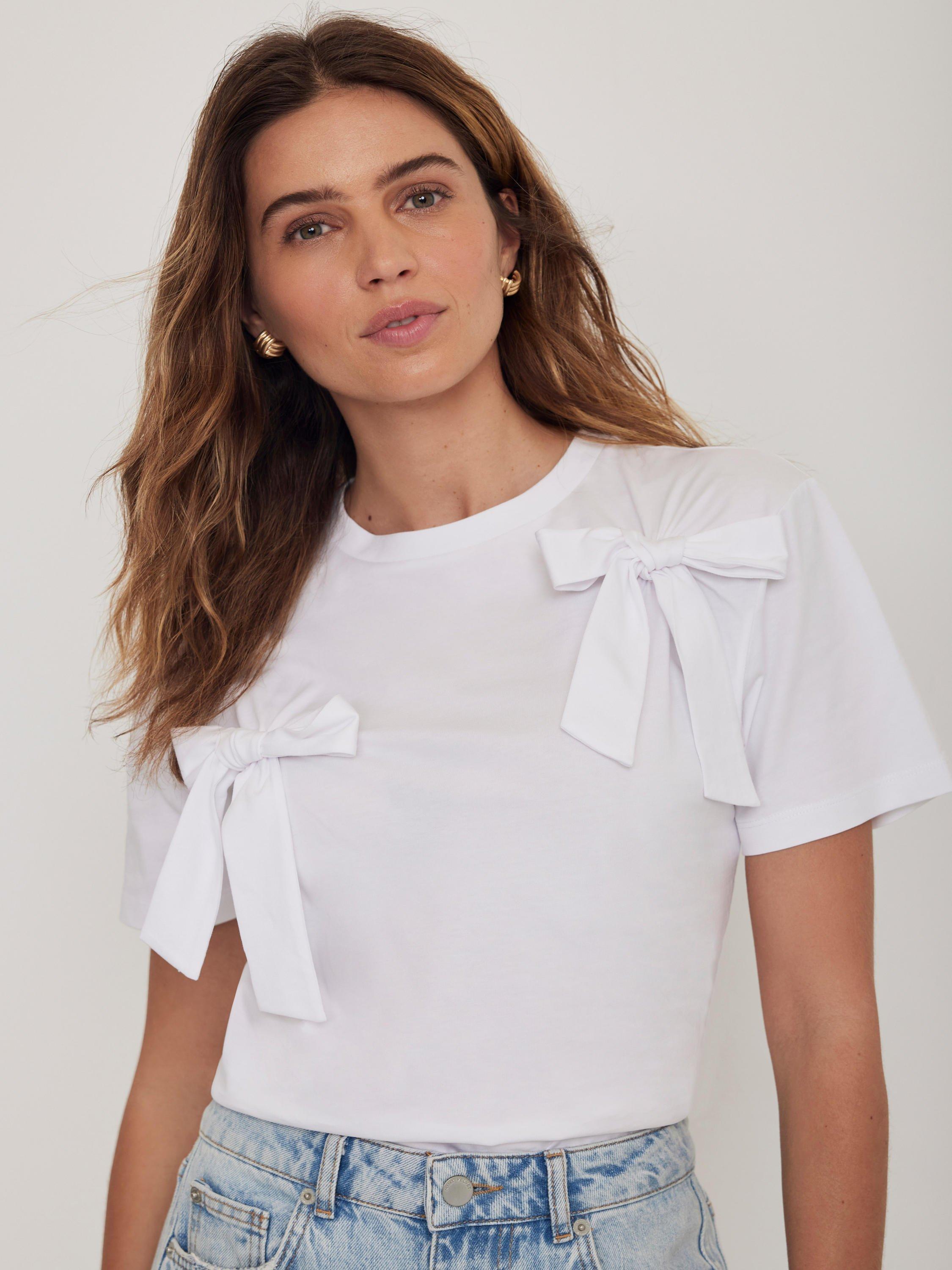 Product image 6 of 9, which shows Mint Velvet Bow Detail Crew Neck Cotton T-Shirt, White, XS