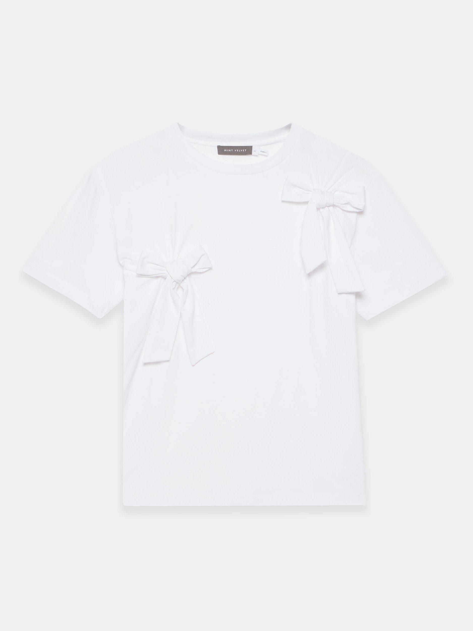 Product image 7 of 9, which shows Mint Velvet Bow Detail Crew Neck Cotton T-Shirt, White, XS