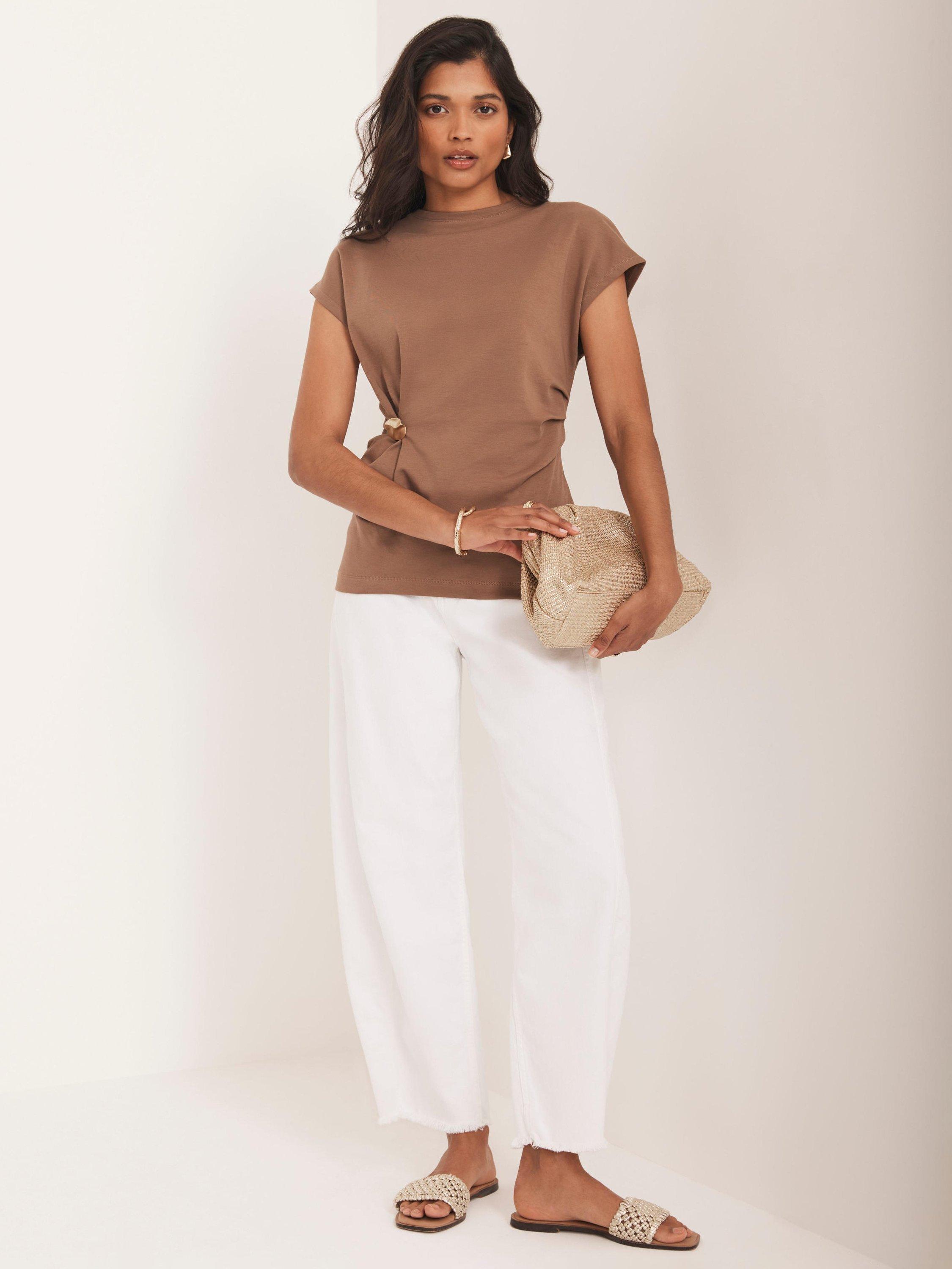 Product image 1 of 8, which shows Mint Velvet Gathered Detail Cotton T-Shirt, Brown, XS
