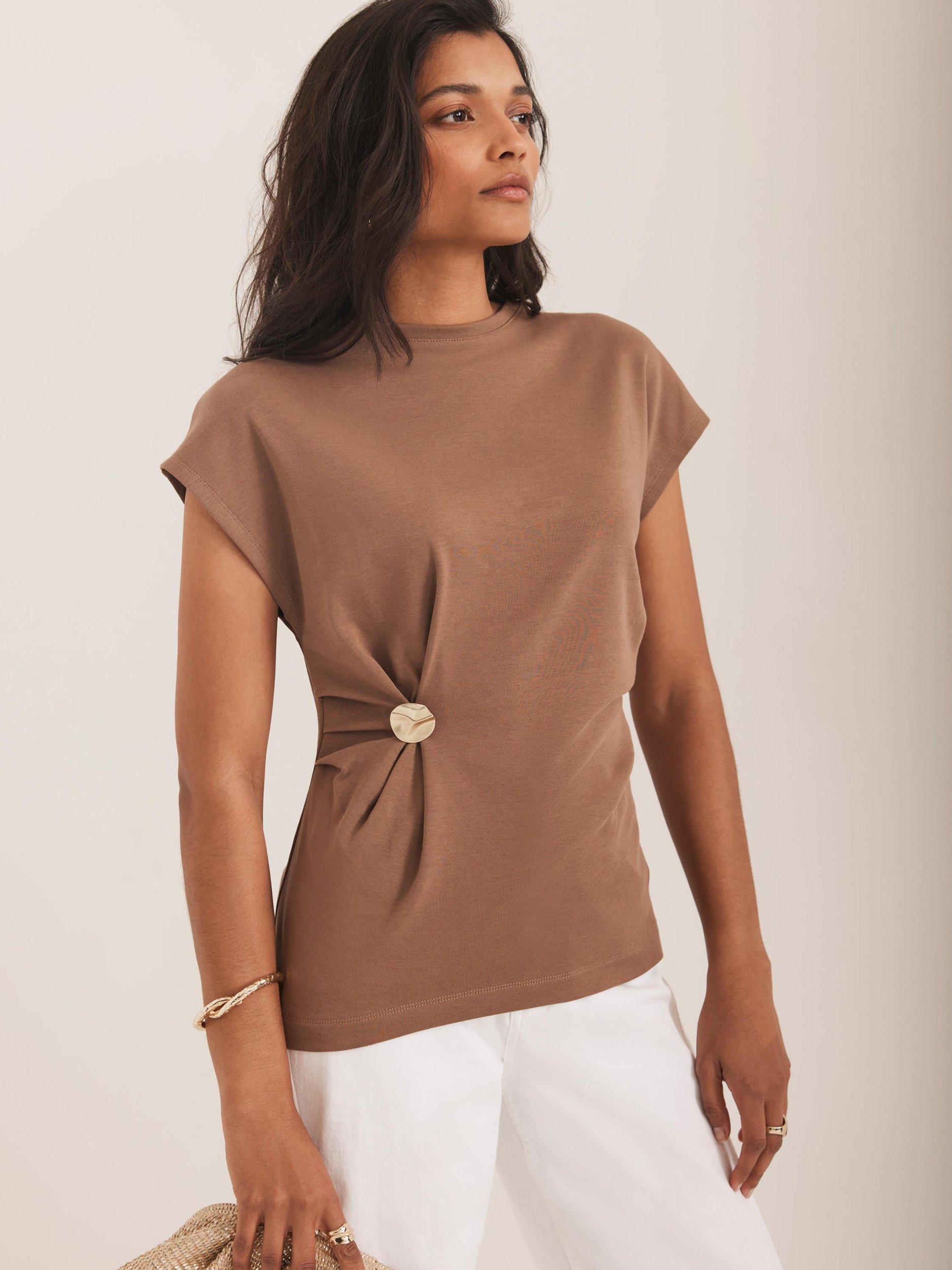 Product image 5 of 8, which shows Mint Velvet Gathered Detail Cotton T-Shirt, Brown, XS