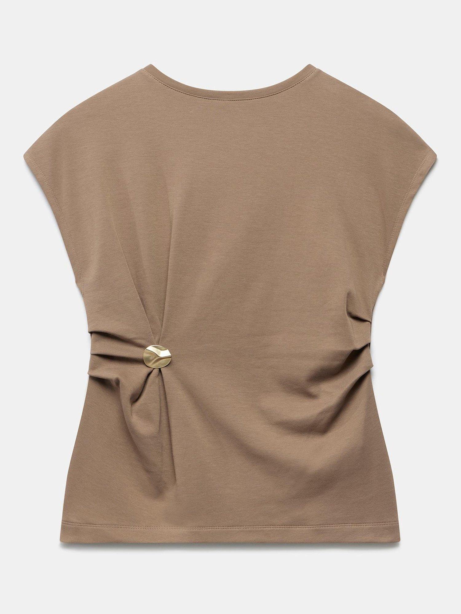 Product image 6 of 8, which shows Mint Velvet Gathered Detail Cotton T-Shirt, Brown, XS