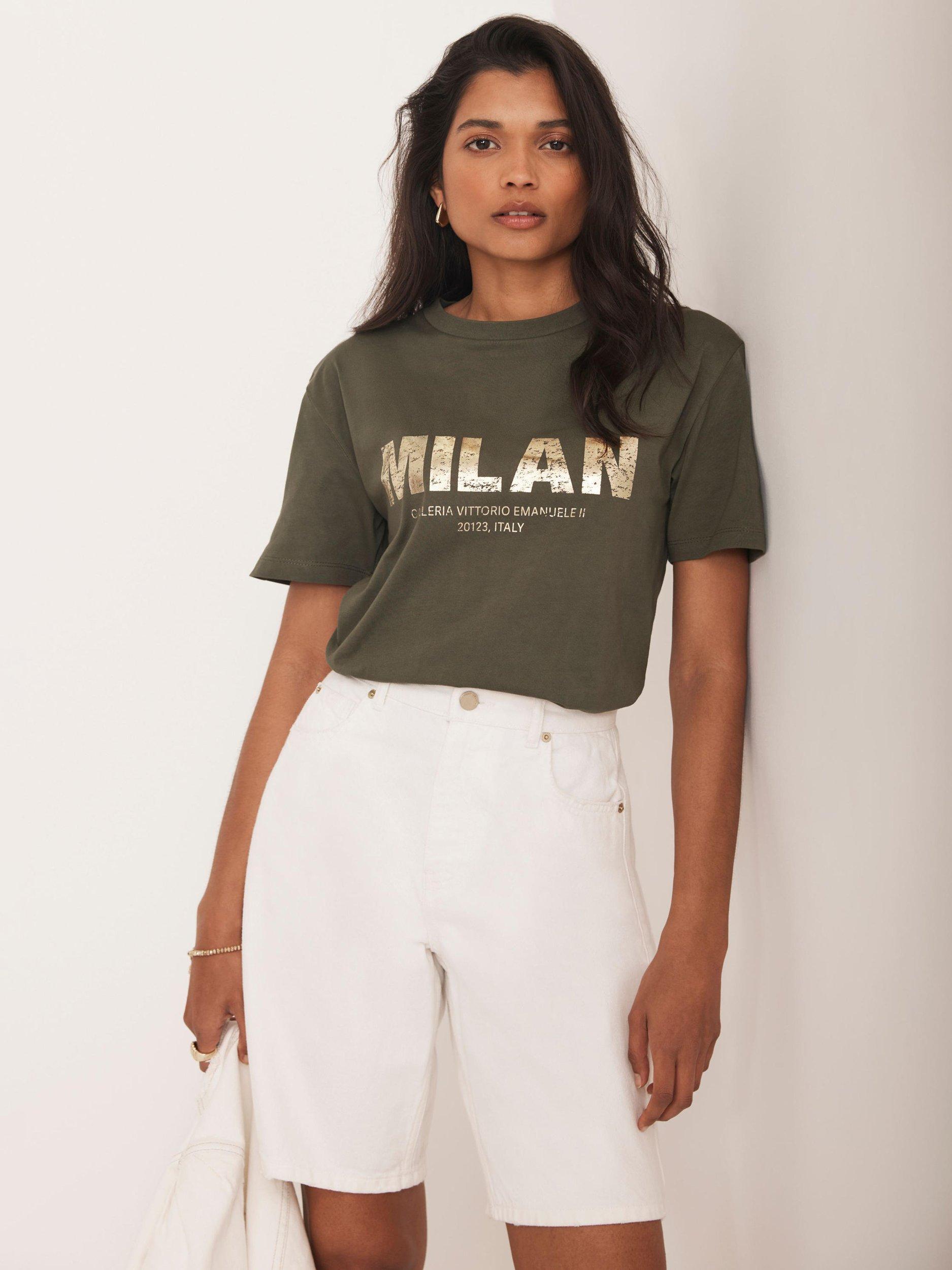 Product image 1 of 7, which shows Mint Velvet Foil Milan Slogan Cotton Graphic T-Shirt, Khaki, XS