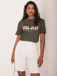 Mint Velvet Foil Milan Slogan Cotton Graphic T-Shirt