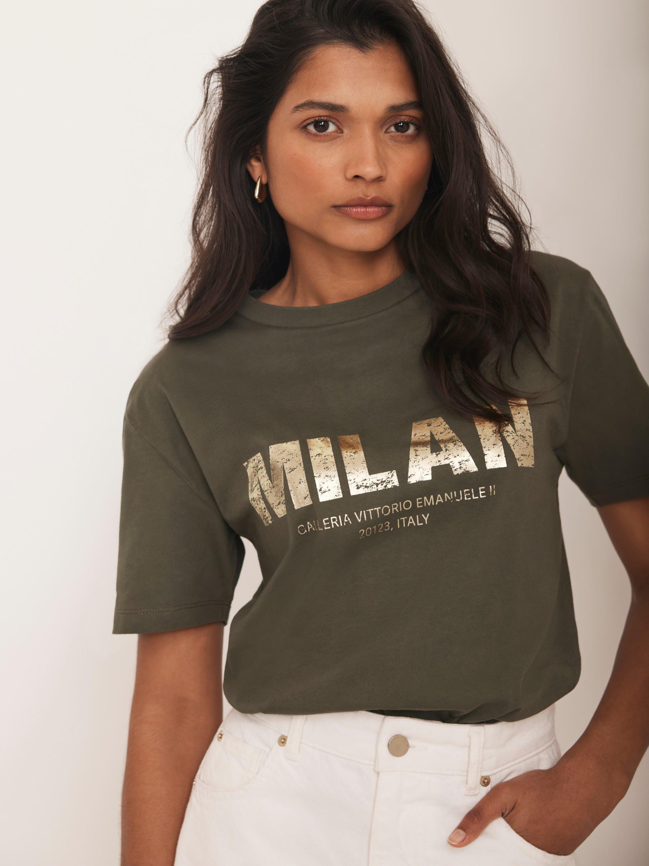 Product image 2 of 7, which shows Mint Velvet Foil Milan Slogan Cotton Graphic T-Shirt, Khaki, XS