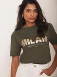 Mint Velvet Foil Milan Slogan Cotton Graphic T-Shirt
