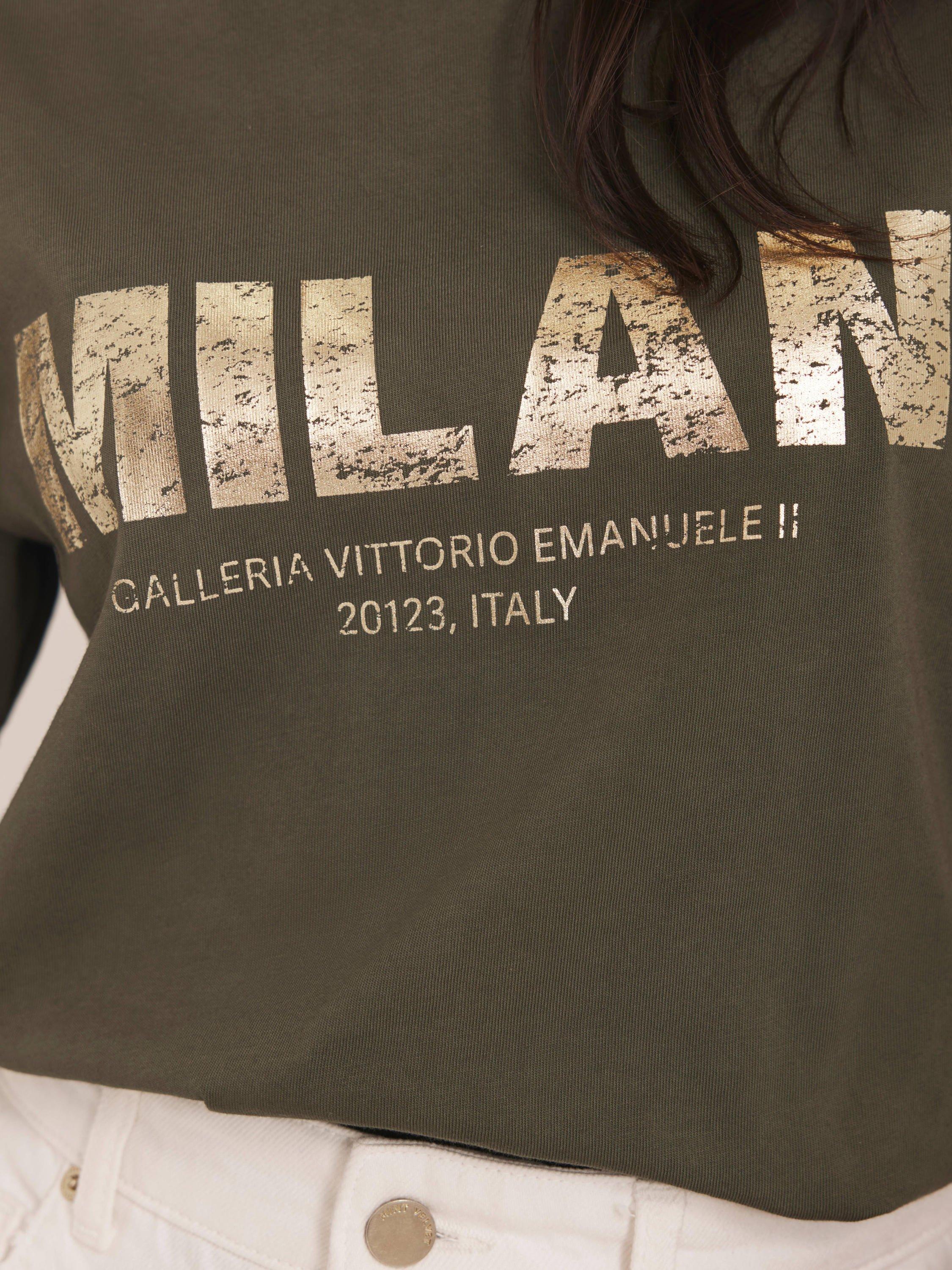 Product image 3 of 7, which shows Mint Velvet Foil Milan Slogan Cotton Graphic T-Shirt, Khaki, XS