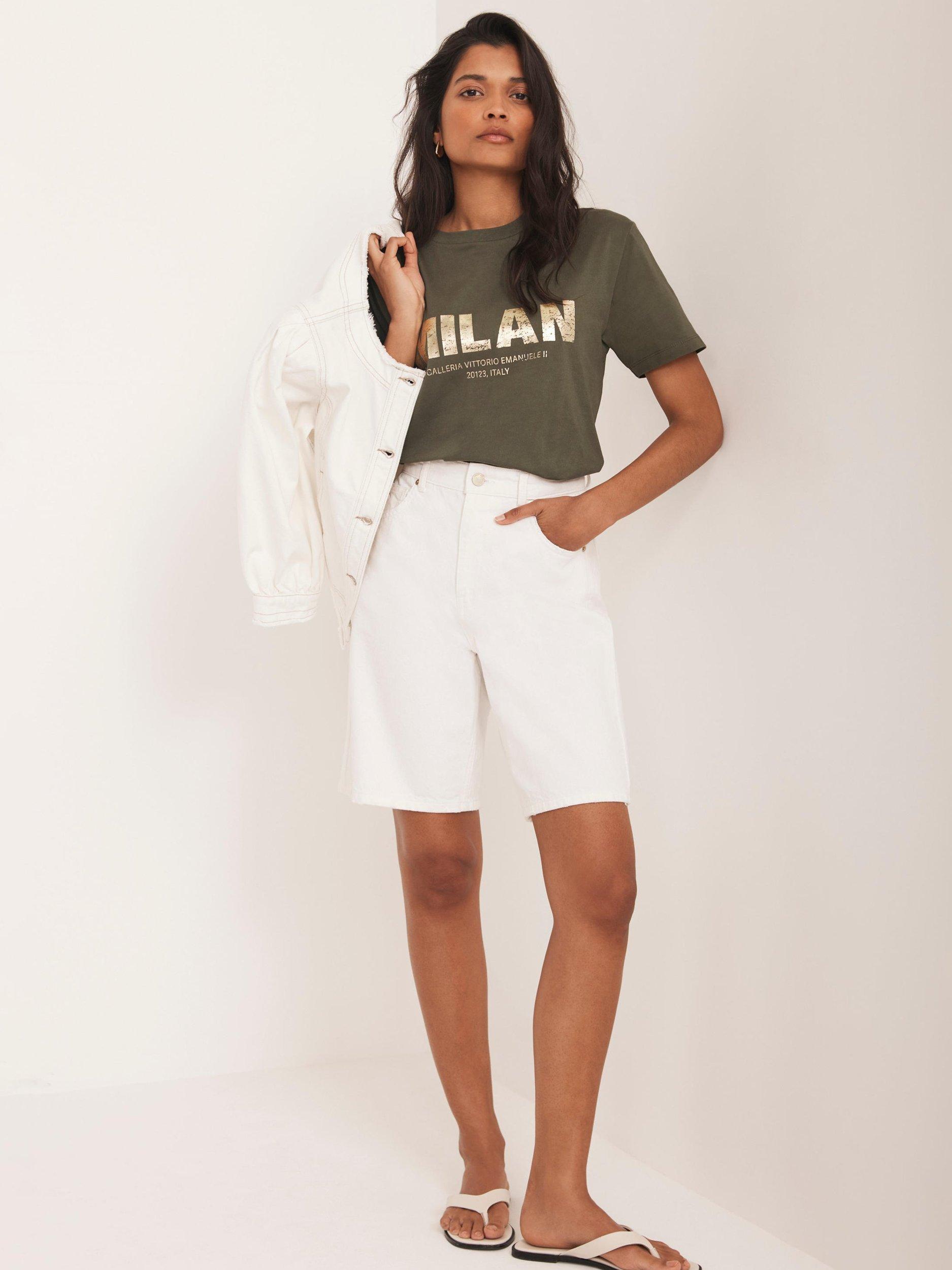 Product image 4 of 7, which shows Mint Velvet Foil Milan Slogan Cotton Graphic T-Shirt, Khaki, XS