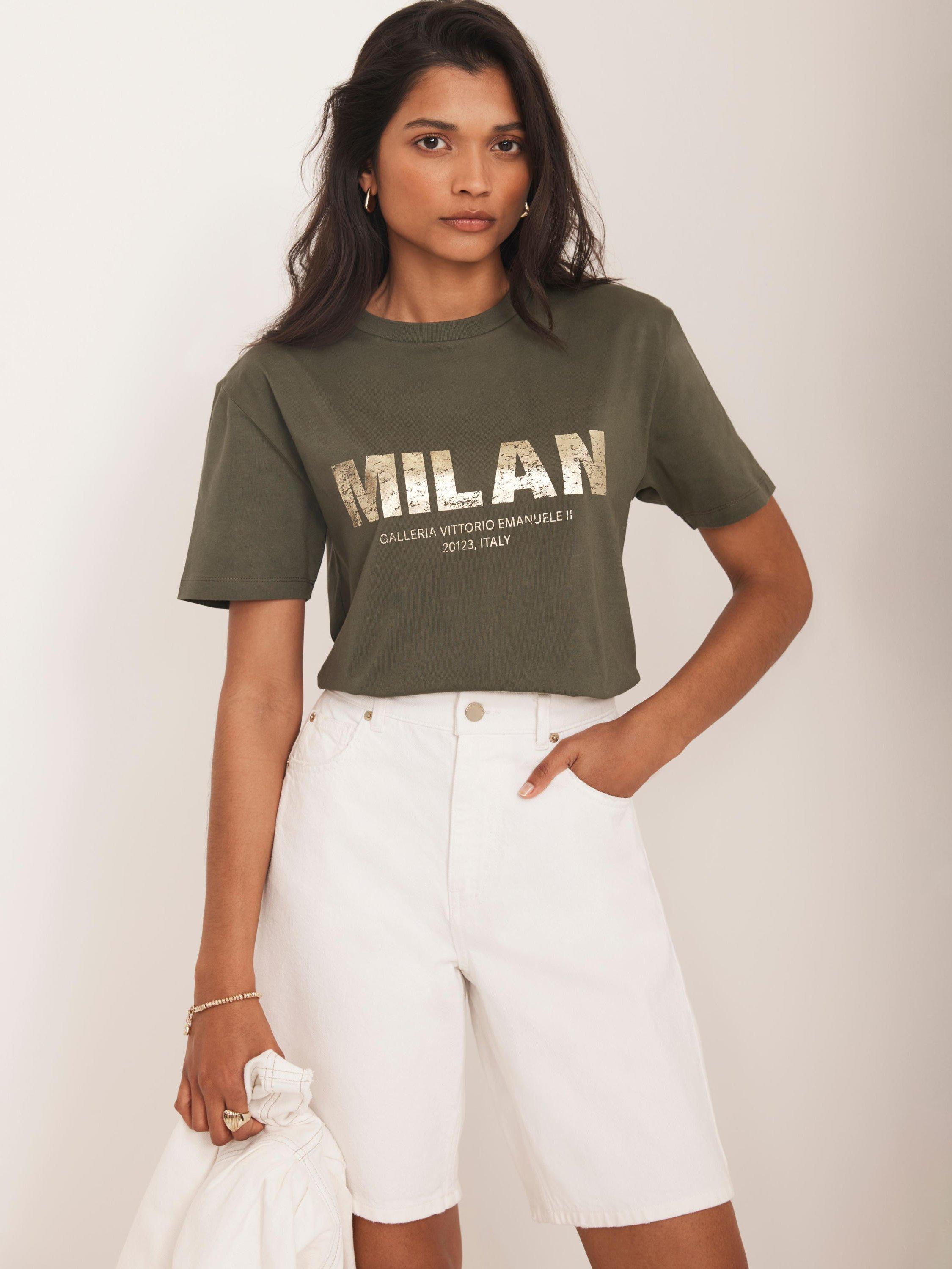 Product image 5 of 7, which shows Mint Velvet Foil Milan Slogan Cotton Graphic T-Shirt, Khaki, XS