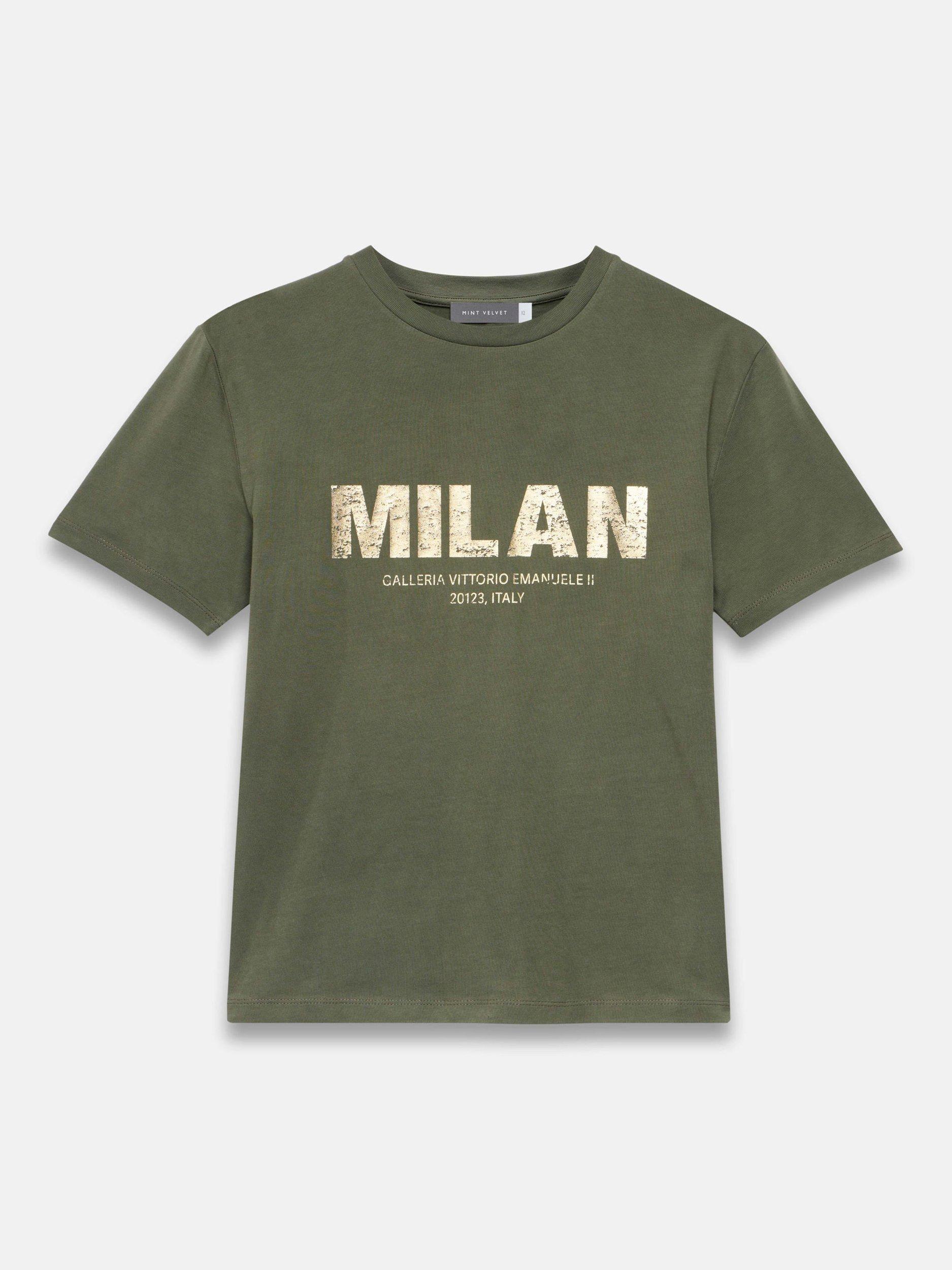 Product image 6 of 7, which shows Mint Velvet Foil Milan Slogan Cotton Graphic T-Shirt, Khaki, XS