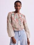 Mint Velvet Floral Blouson Sleeve Top, Natural/Multi