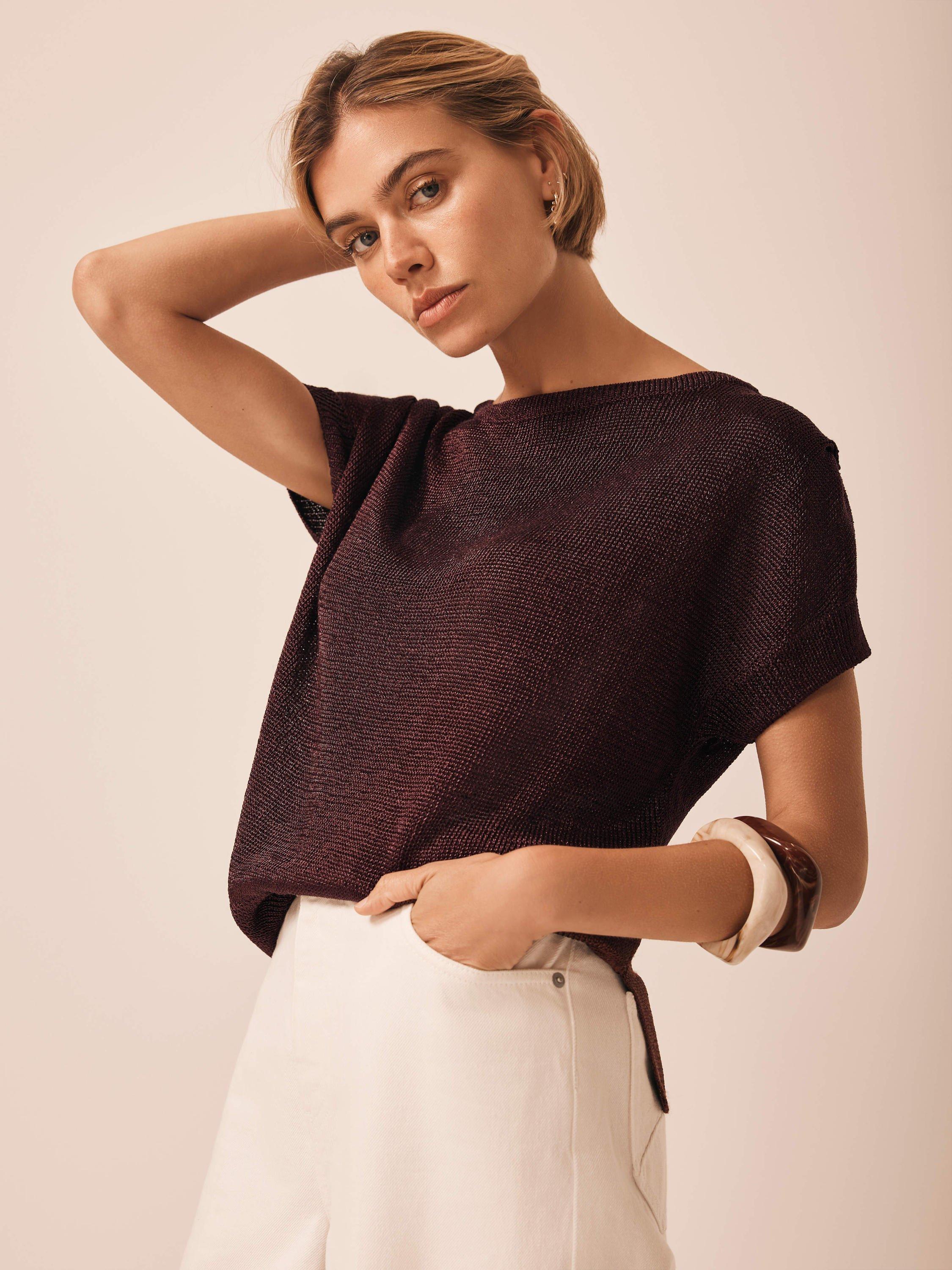 Product image 2 of 8, which shows Mint Velvet Metallic Knit Batwing Top, Red Burgundy, XS