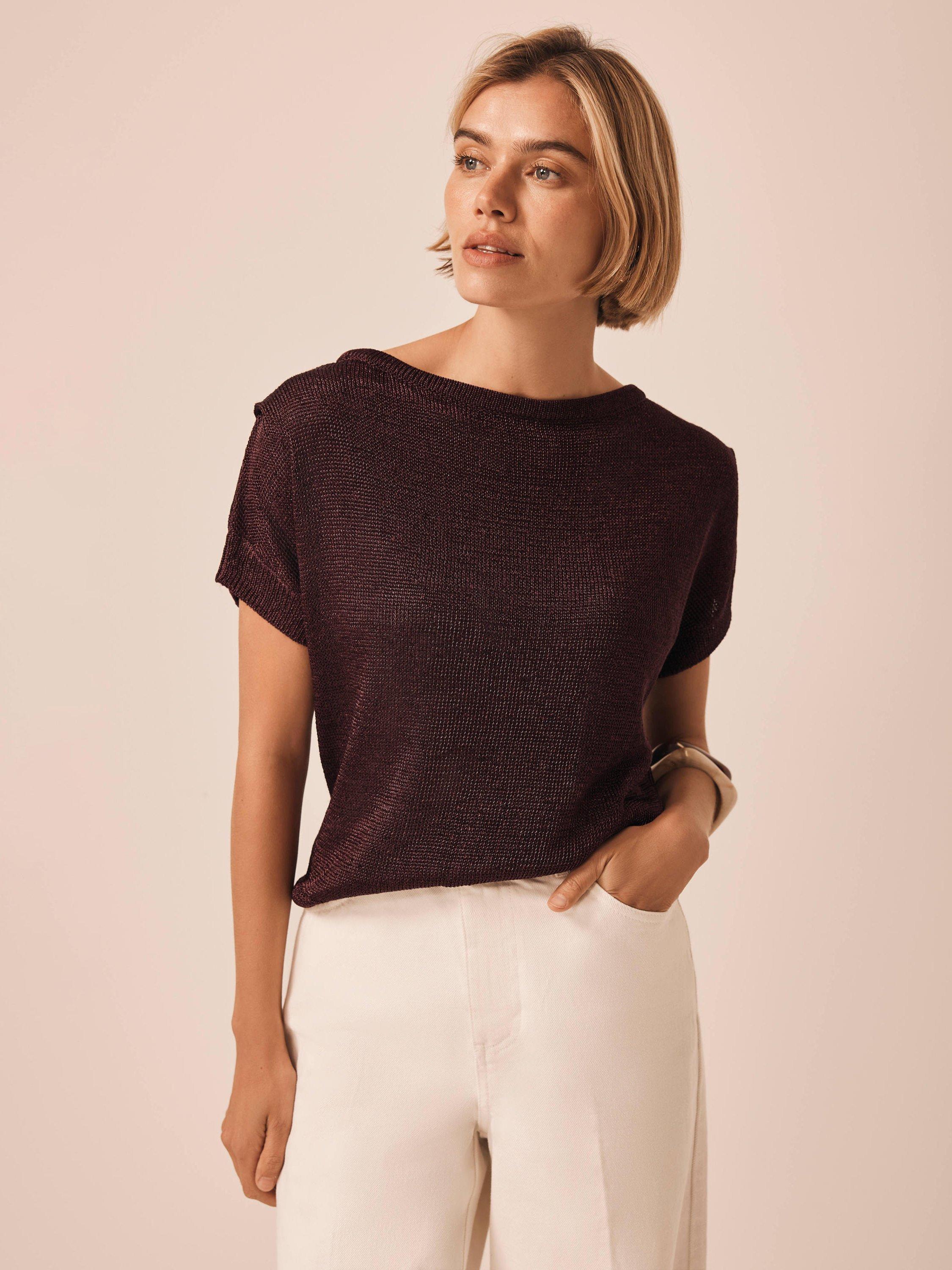 Product image 6 of 8, which shows Mint Velvet Metallic Knit Batwing Top, Red Burgundy, XS