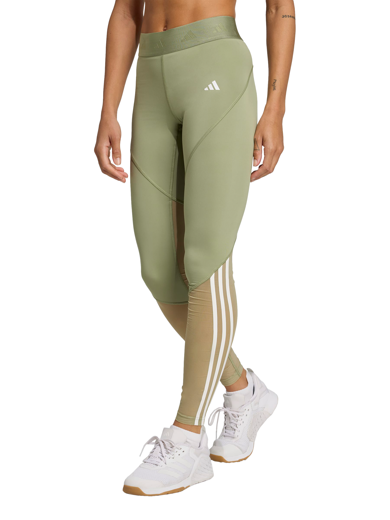 Product image 1 of 6, which shows adidas Women's Hyperglam Full Length Leggings, Green/White, XS