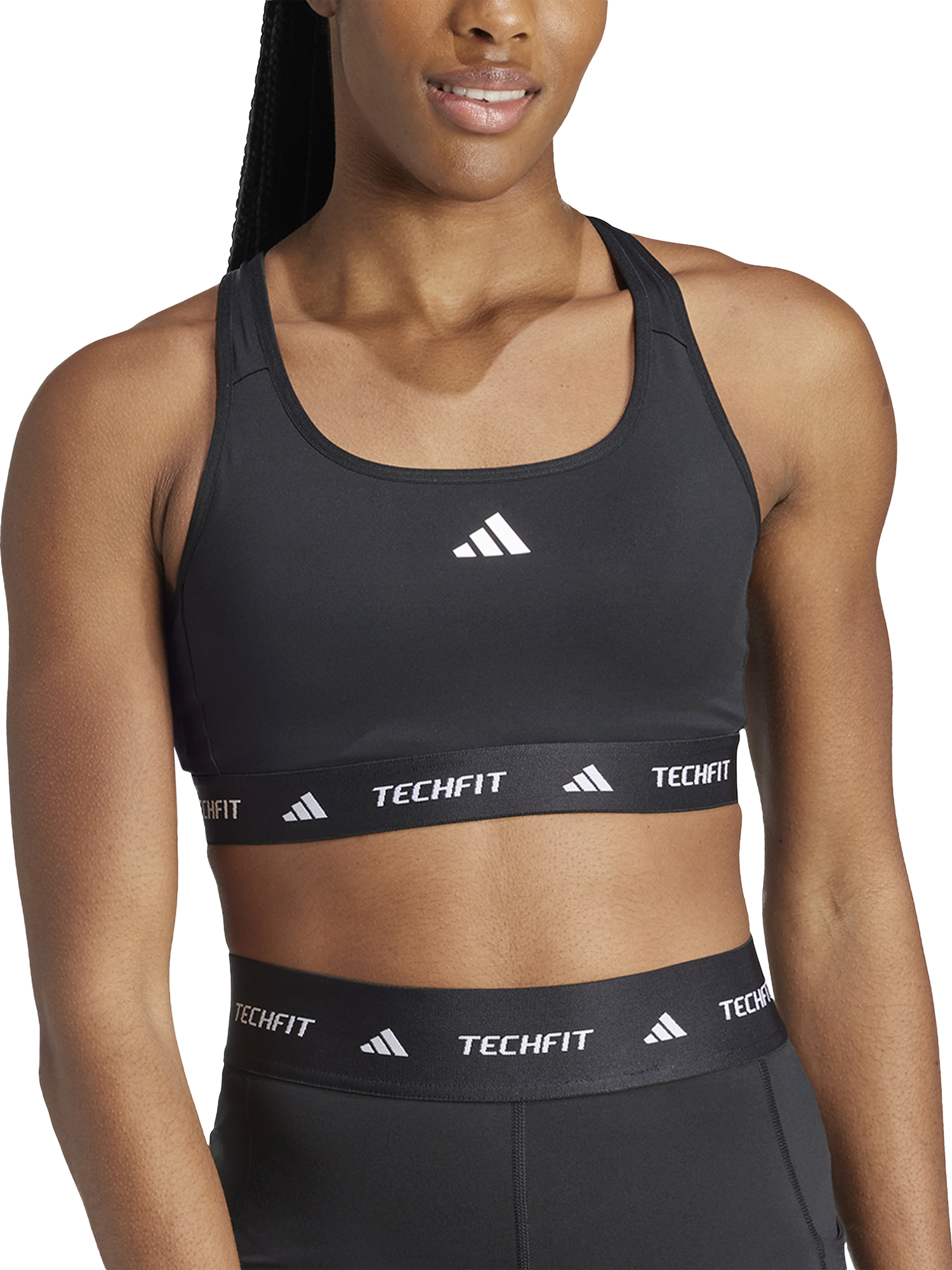 Product image 1 of 7, which shows adidas TECHFIT Sports Bra, Black, XS