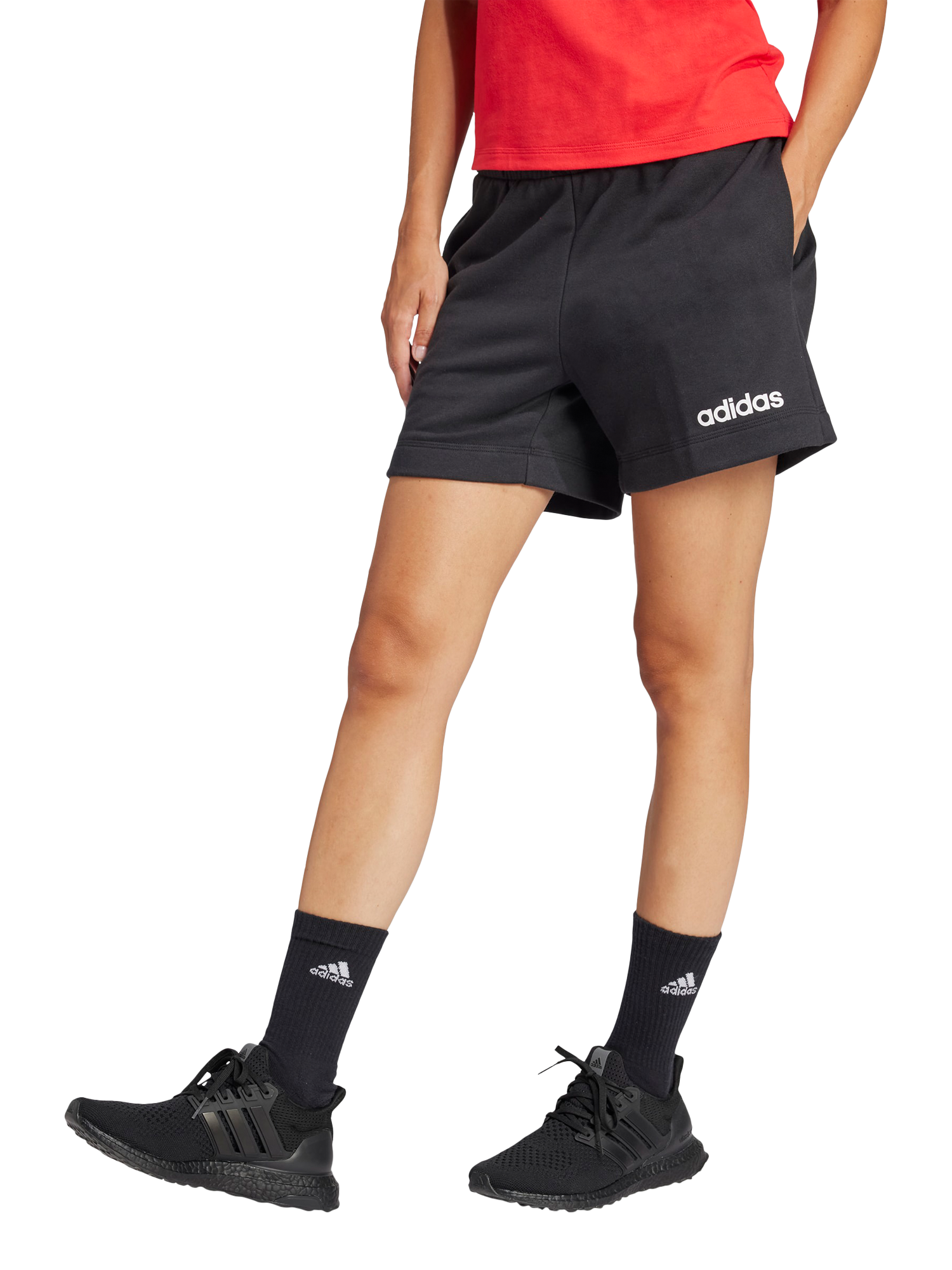 Product image 1 of 6, which shows adidas Essentials Linear French Terry Shorts, Black/White, XS