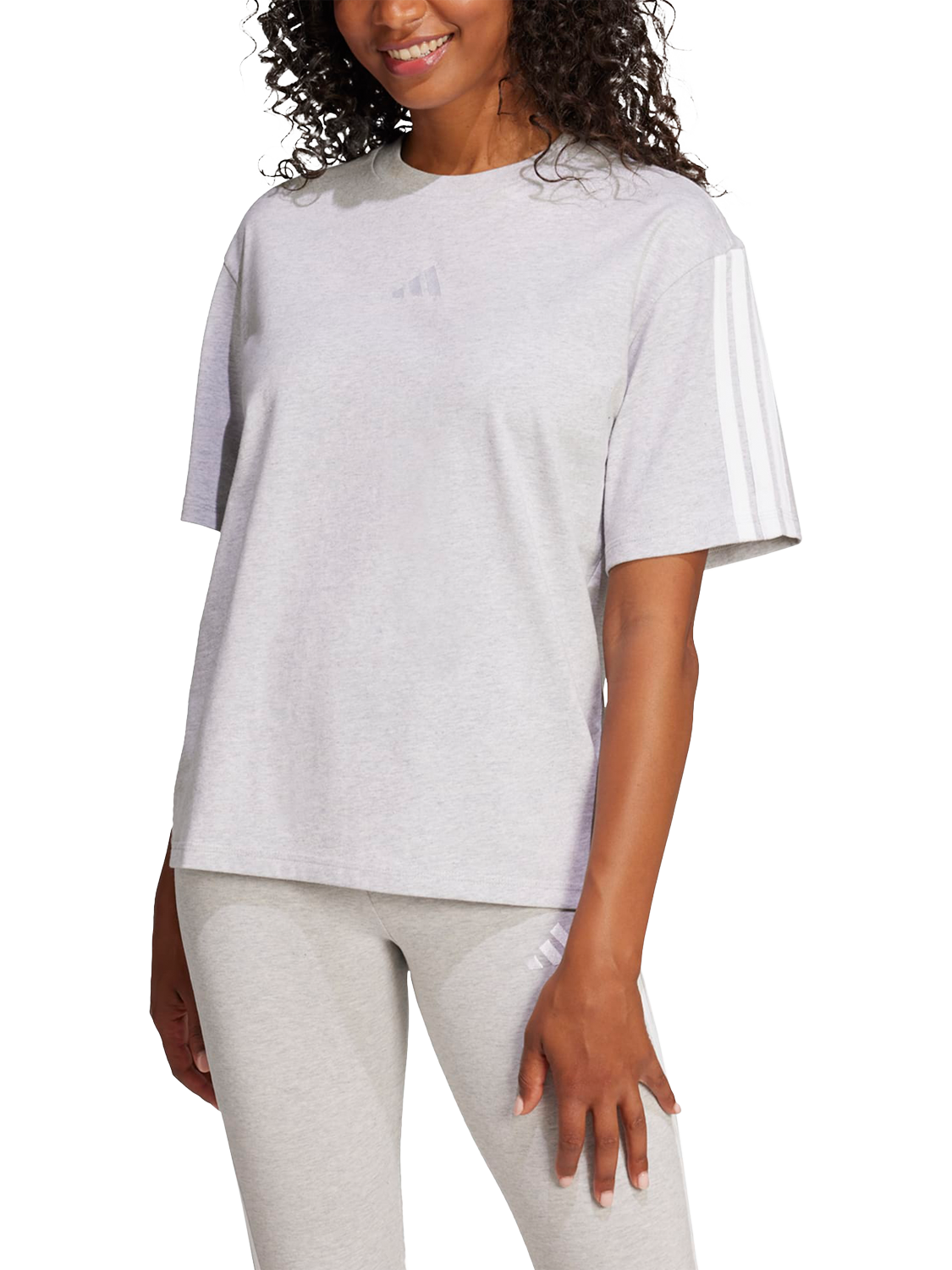 Product image 1 of 6, which shows adidas Essentials Three Stripe Boyfriend T-Shirt, Grey/White, XS