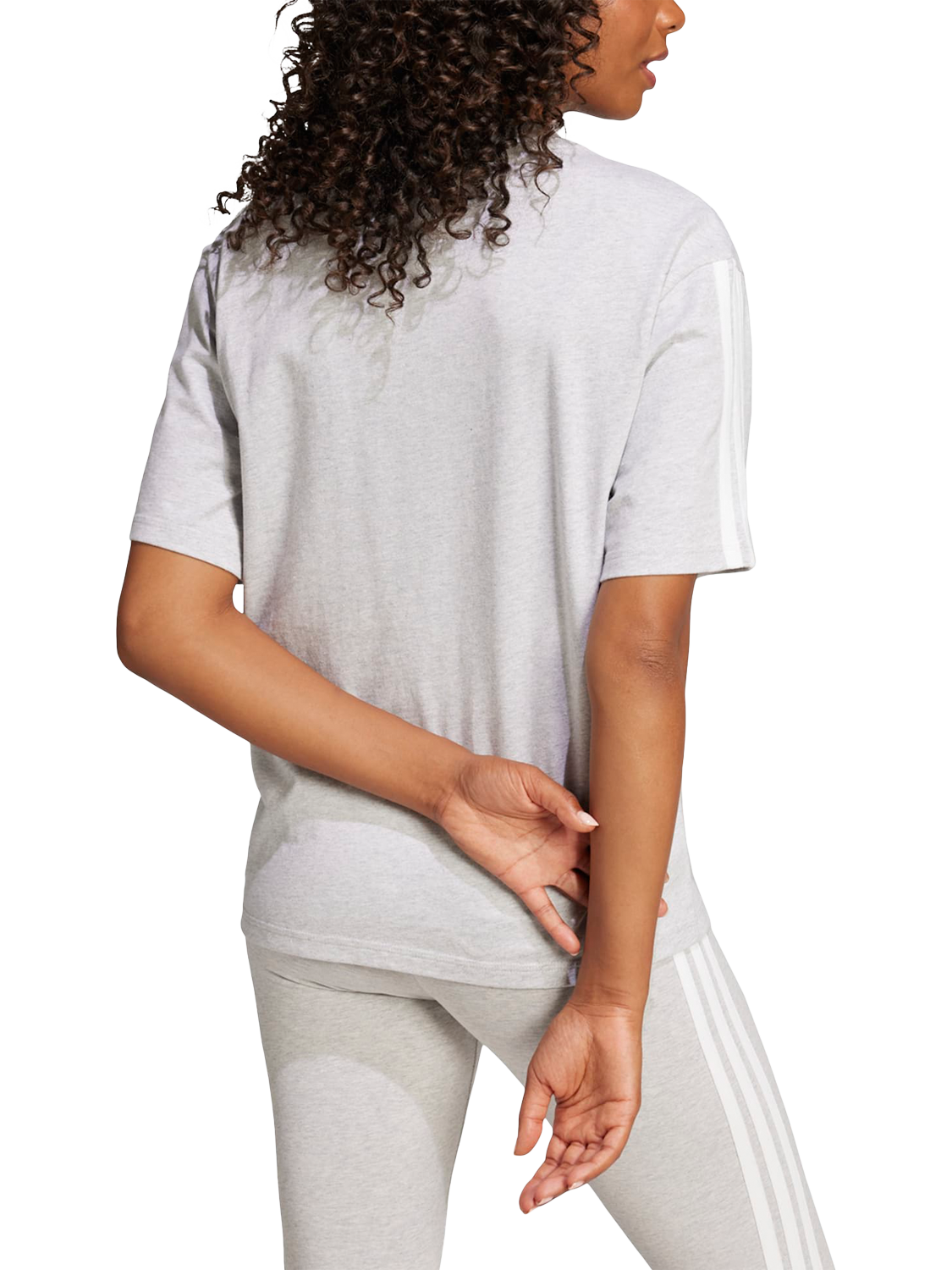 Product image 2 of 6, which shows adidas Essentials Three Stripe Boyfriend T-Shirt, Grey/White, XS