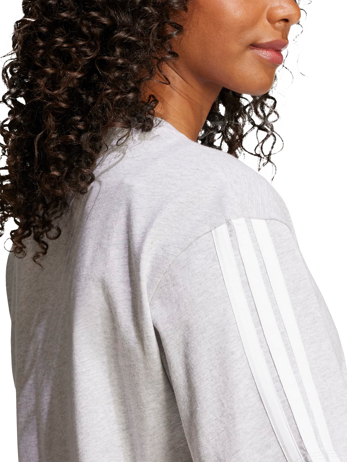 Product image 4 of 6, which shows adidas Essentials Three Stripe Boyfriend T-Shirt, Grey/White, XS