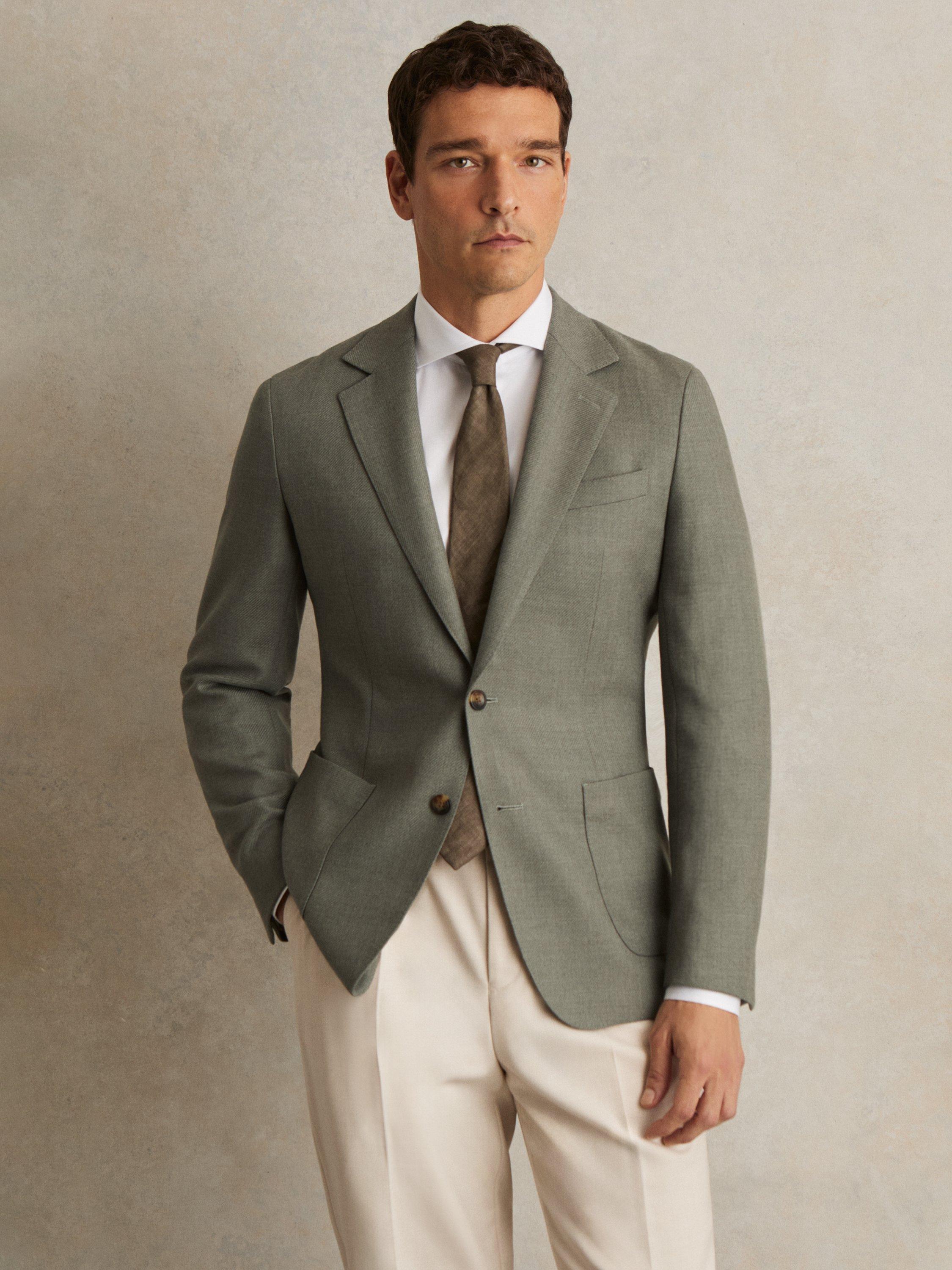 Product image 1 of 5, which shows Reiss Midnight Wool Blend Blazer, Sage Green, 42