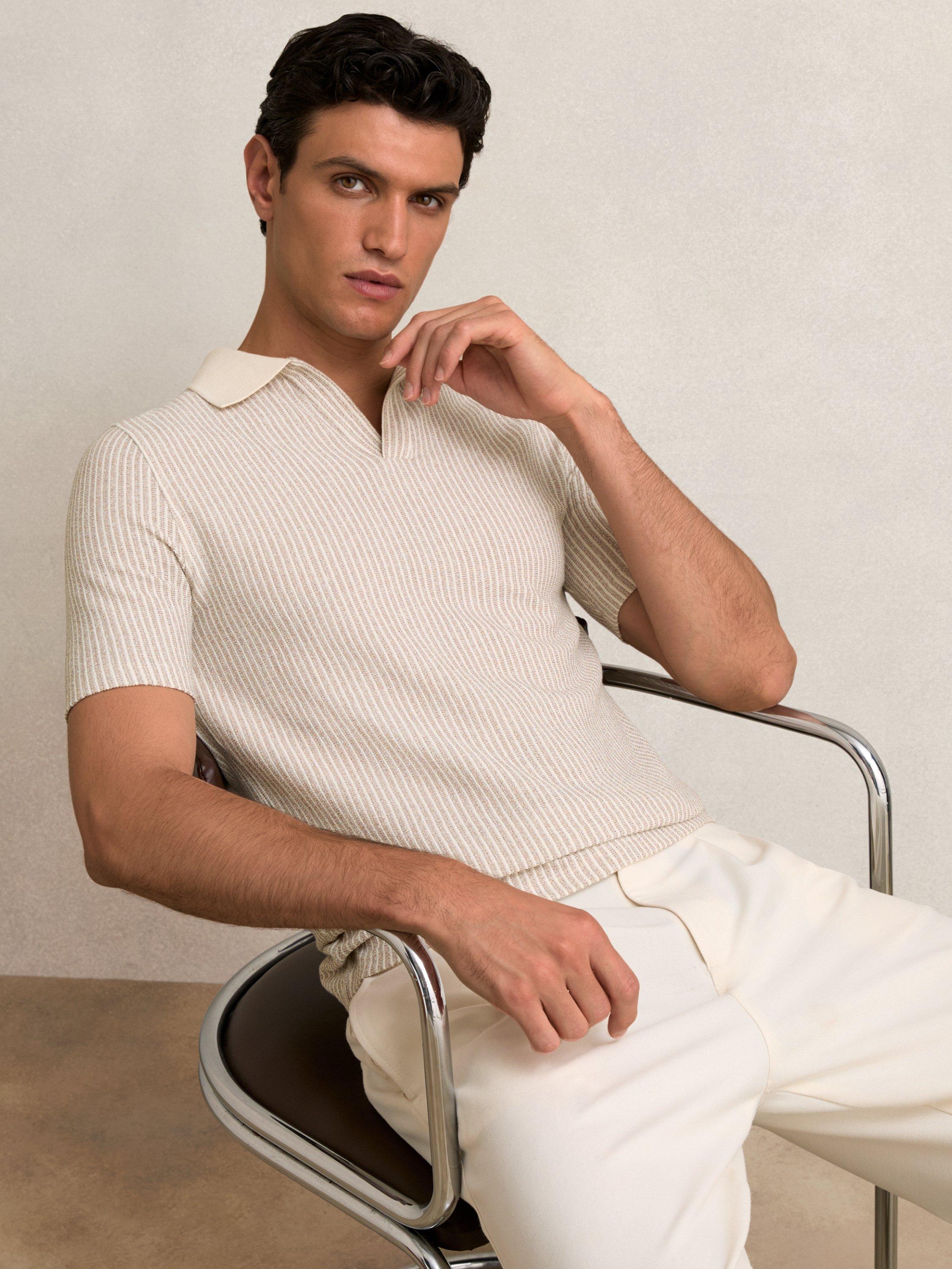 Product image 1 of 5, which shows Reiss Hall Stripe Regular Fit Polo Shirt, Ecru/Taupe Brown, XS