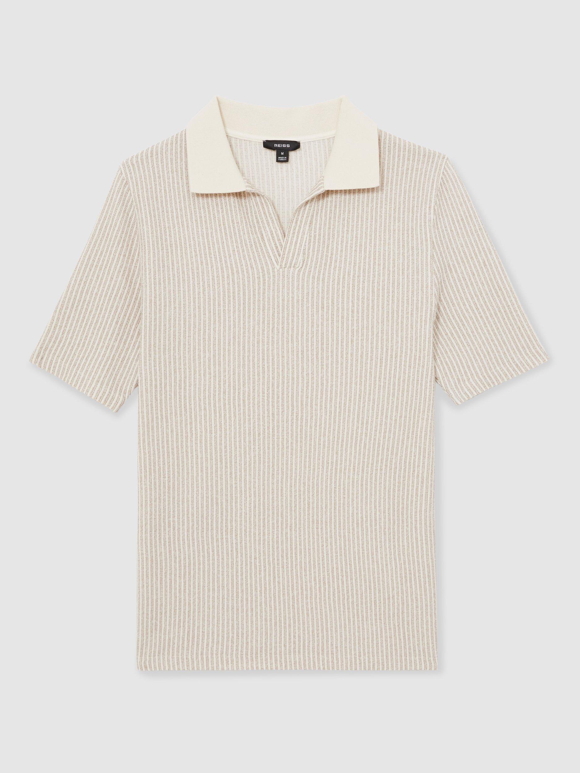 Product image 3 of 5, which shows Reiss Hall Stripe Regular Fit Polo Shirt, Ecru/Taupe Brown, XS