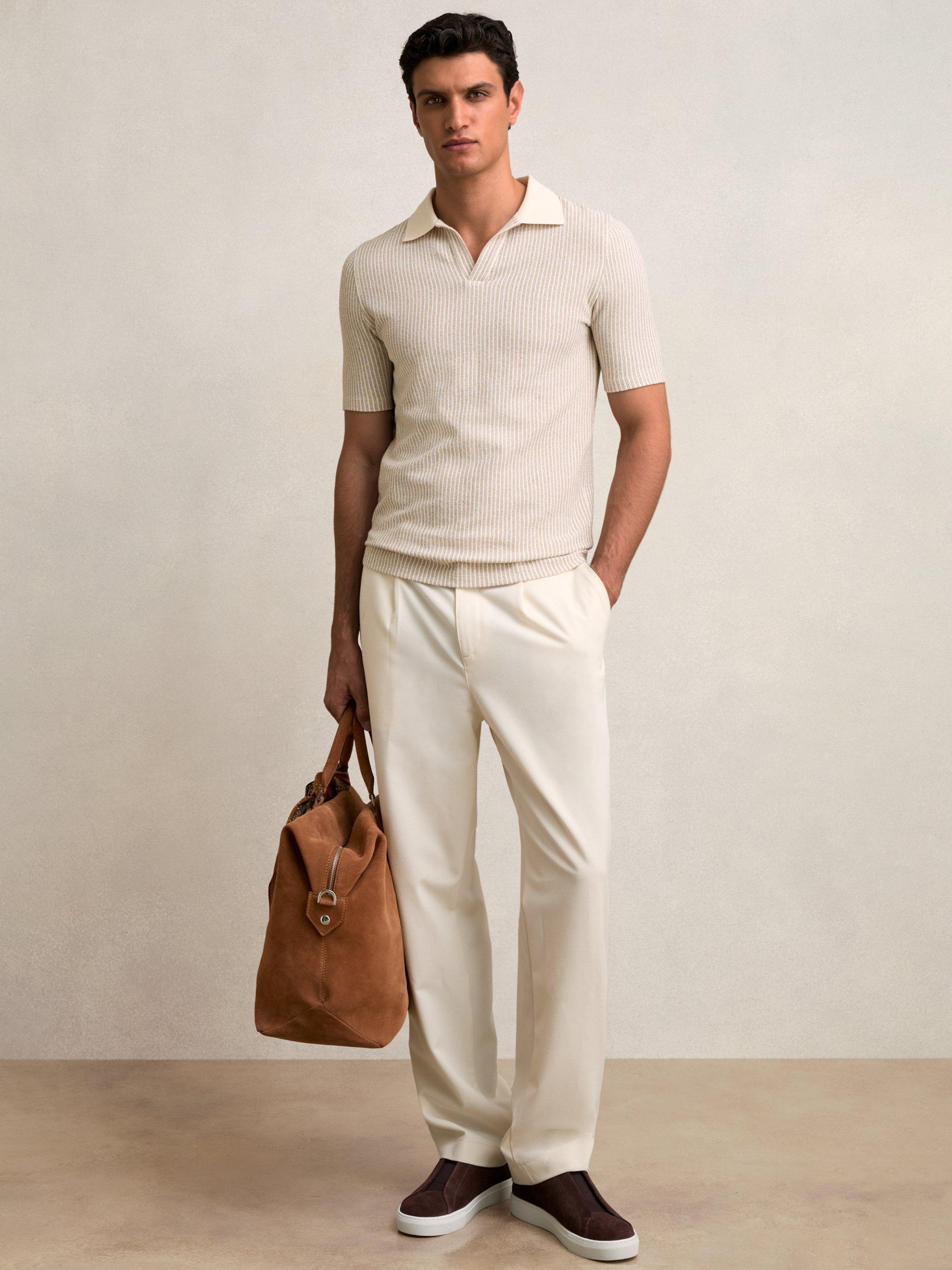 Product image 4 of 5, which shows Reiss Hall Stripe Regular Fit Polo Shirt, Ecru/Taupe Brown, XS