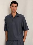 Reiss Tobi Textured Zip Neck Polo Shirt, Petrol Blue