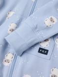 Polarn O. Pyret Baby Cotton Hooded Zipped Lamb Print Romper, Blue