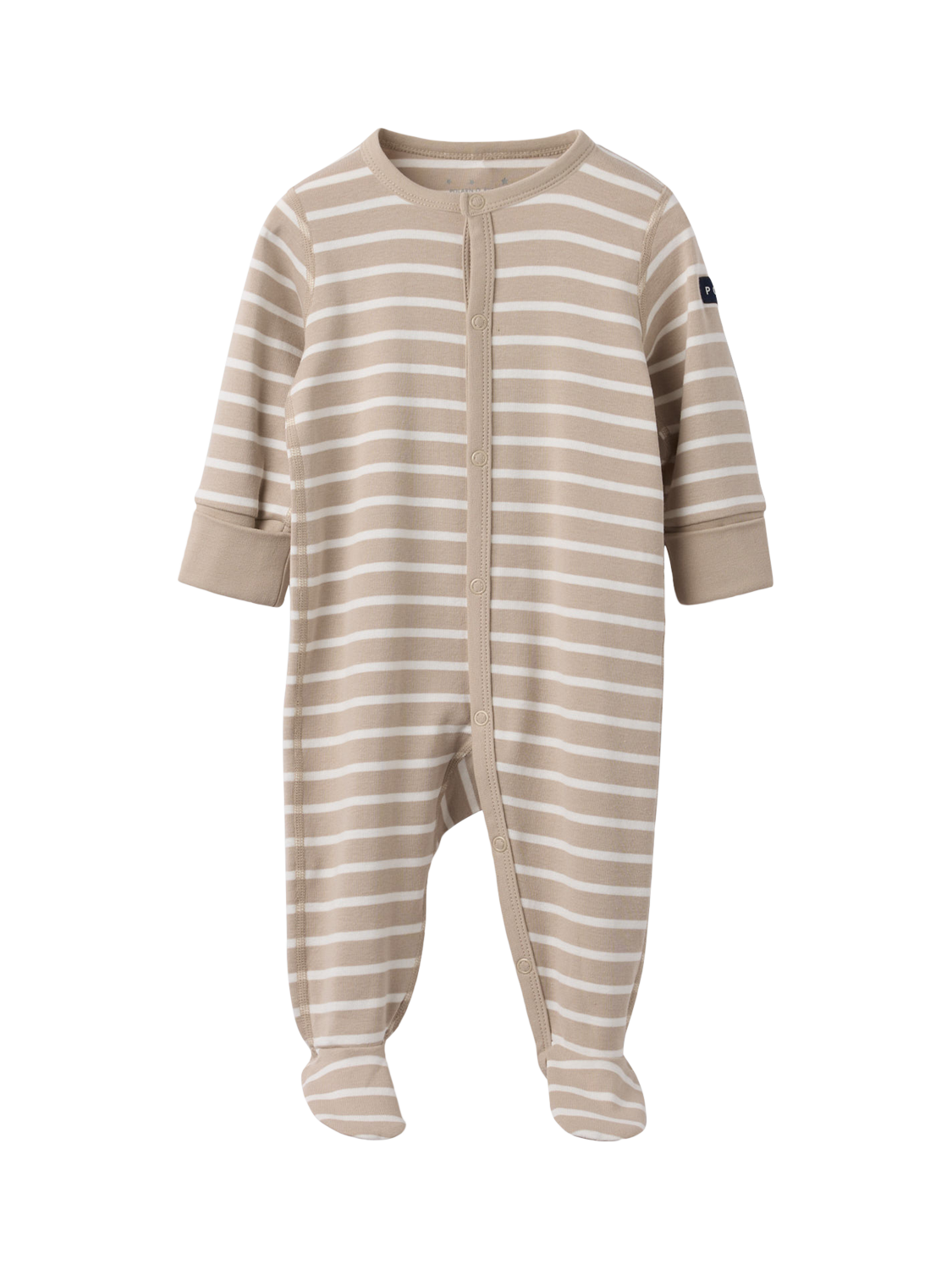 Product image 1 of 7, which shows Polarn O. Pyret Baby Cotton Striped Sleepsuit, Natural, 0-2 months