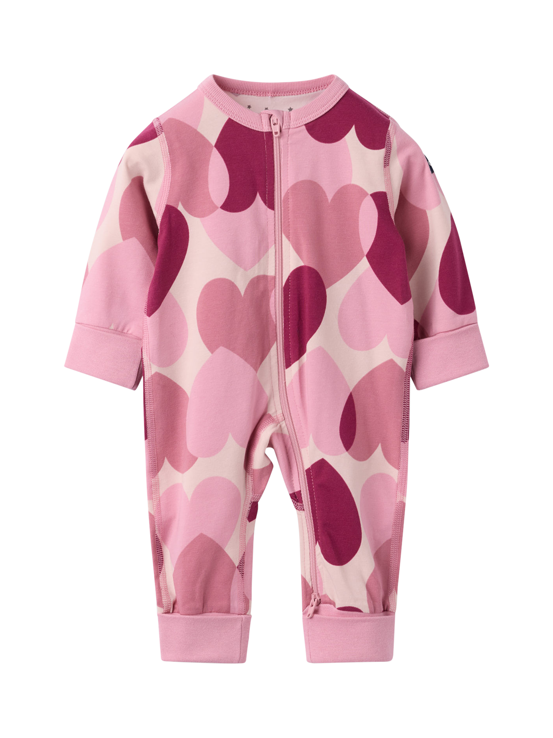 Product image 1 of 4, which shows Polarn O. Pyret Baby Cotton Heart Print Sleepsuit, Pink, 0-2 months