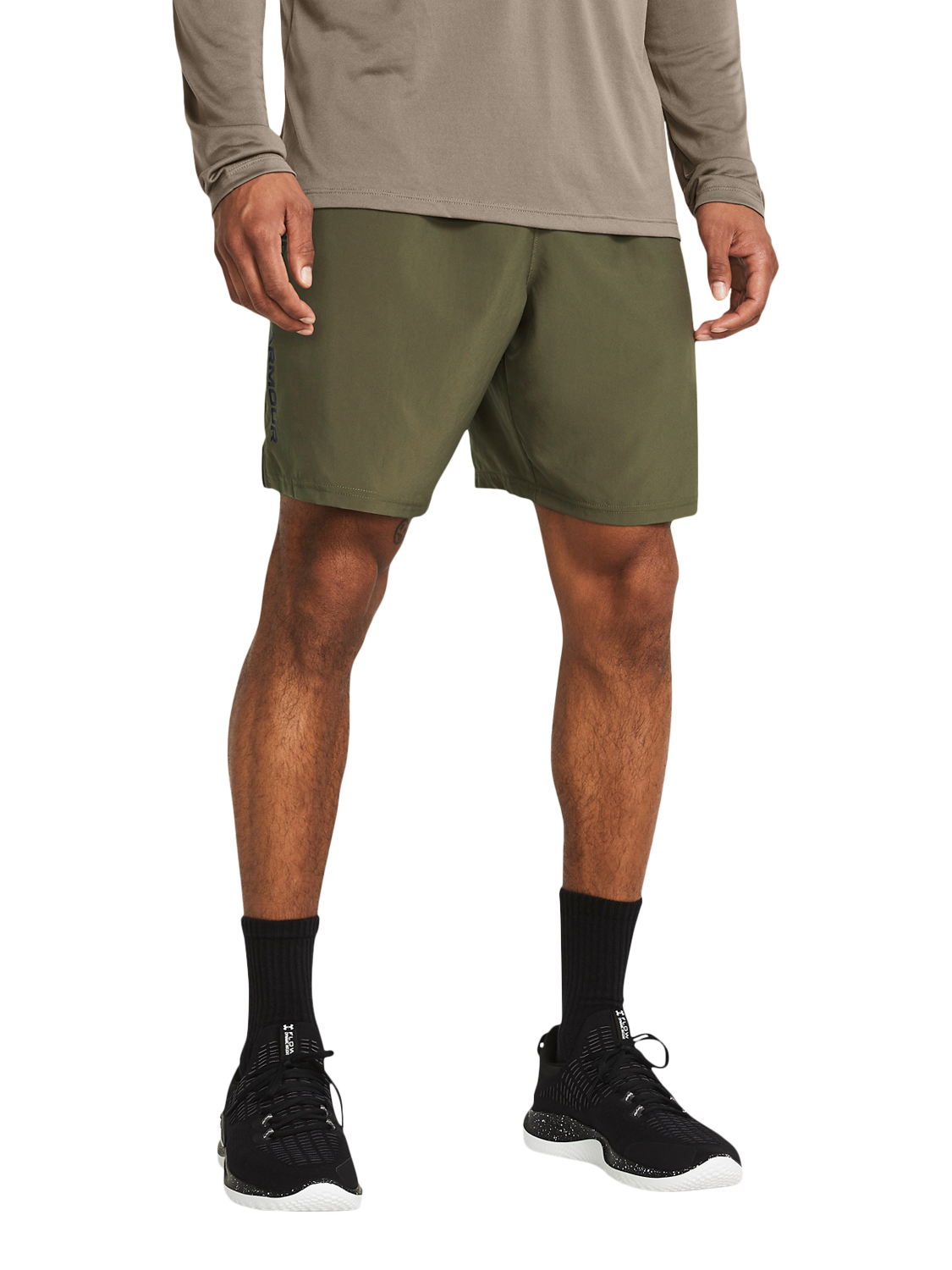 Product image 1 of 5, which shows Under Armour Tech Woven Wordmark Shorts, Od Green / Black, XL