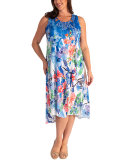 chesca Floral Fiesta Sleeveless Cut-Out Mesh Dress, Blue/Multi