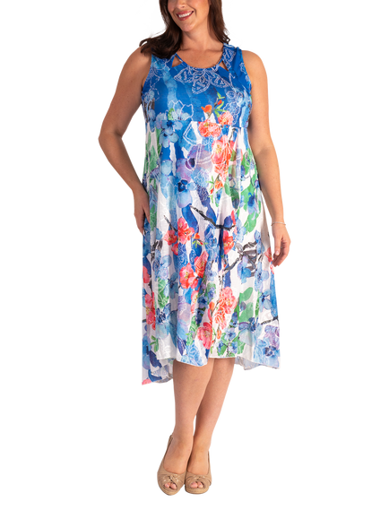 chesca Floral Fiesta Sleeveless Cut-Out Mesh Dress, Blue/Multi