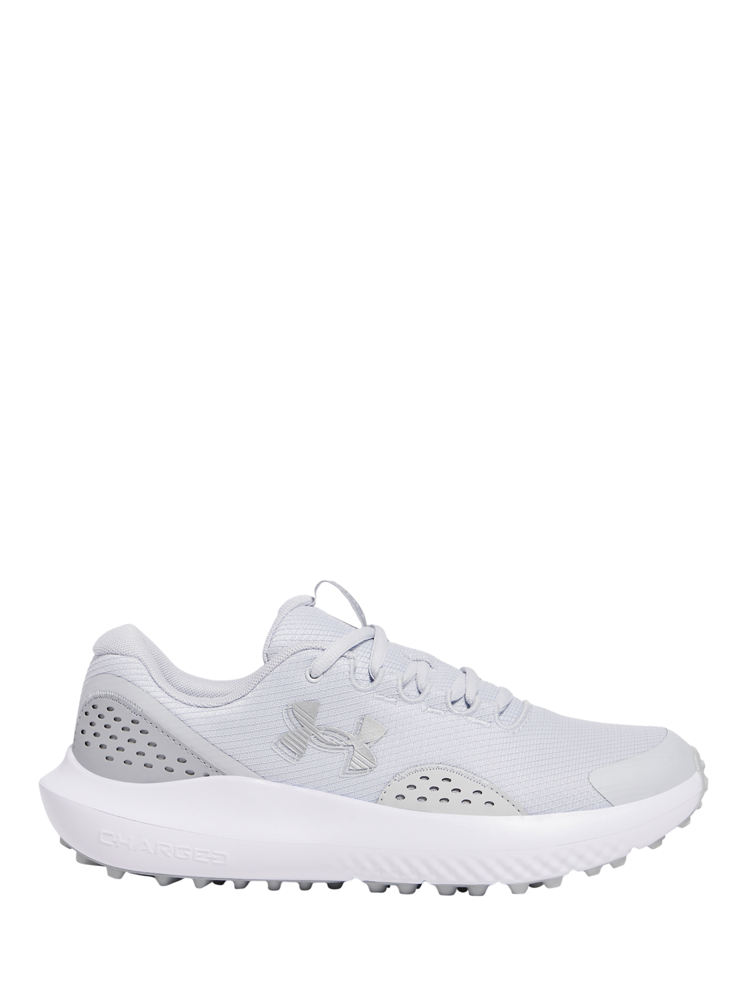Product image 1 of 5, which shows Under Armour Surge Golf Shoes, Halo Gray / Silver, 7