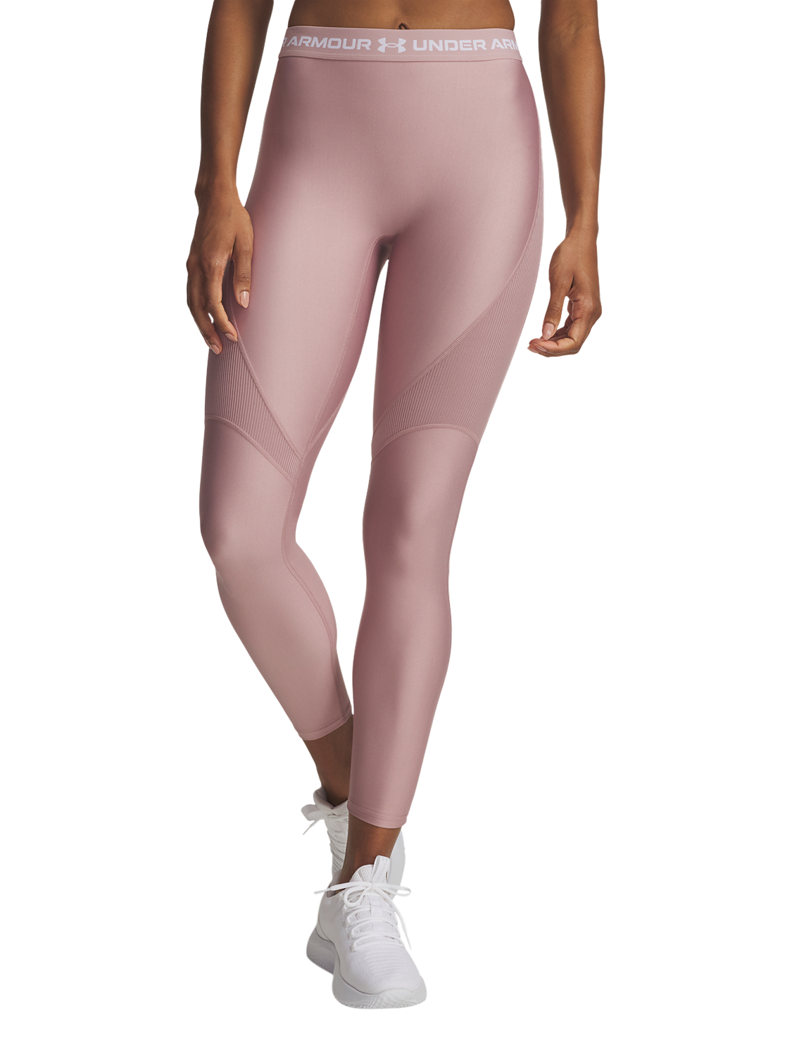 Product image 1 of 3, which shows Under Armour HeatGear Rib Leggings, Pink / White, XS