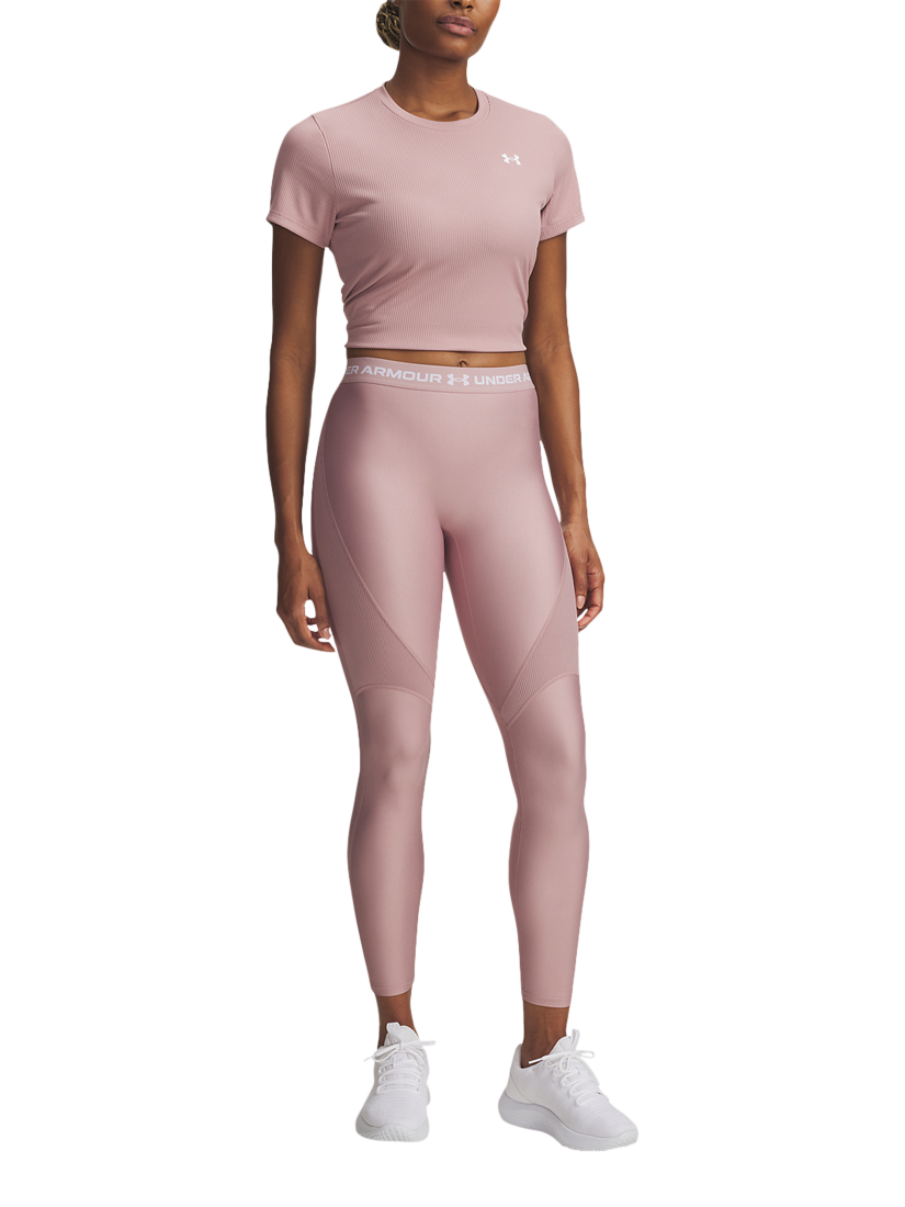 Product image 3 of 3, which shows Under Armour HeatGear Rib Leggings, Pink / White, XS