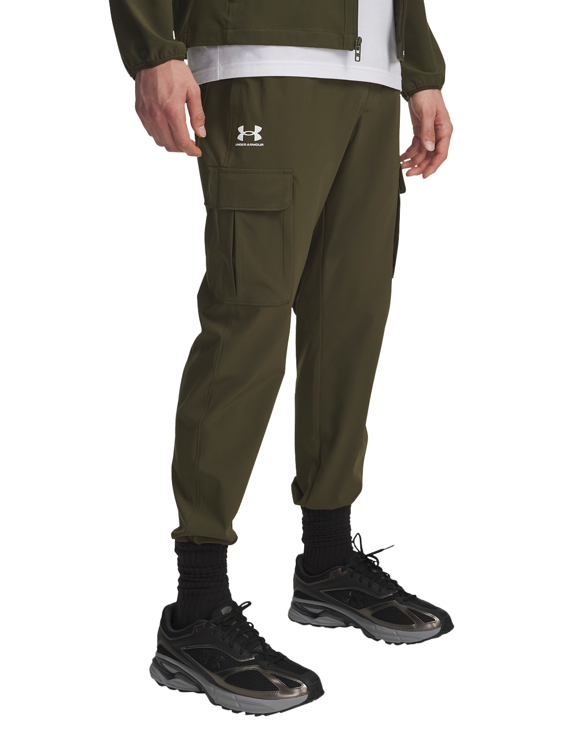 Product image 1 of 4, which shows Under Armour Vibe Woven Cargo Trousers, Green  / White, S