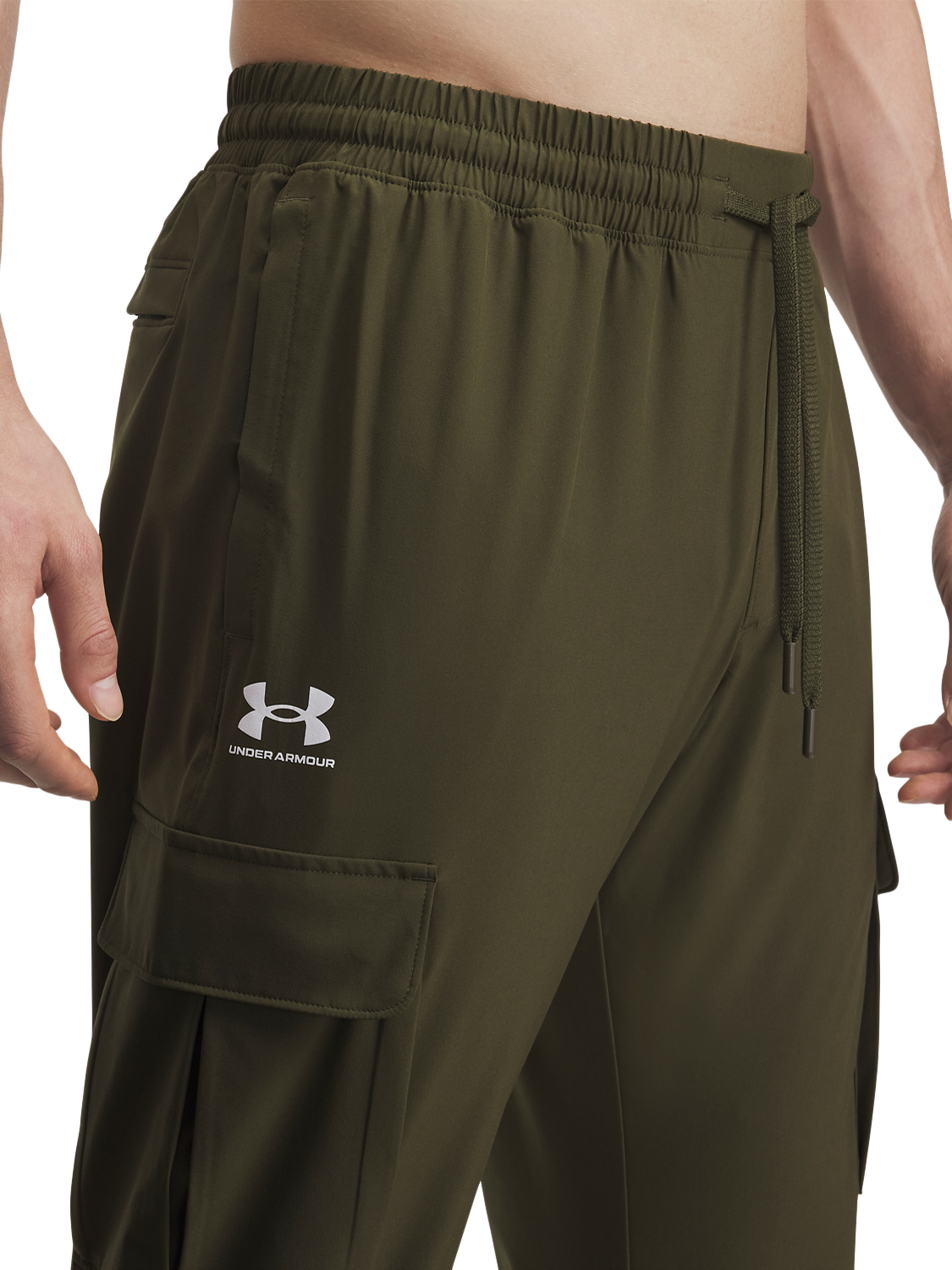 Product image 3 of 4, which shows Under Armour Vibe Woven Cargo Trousers, Green  / White, S