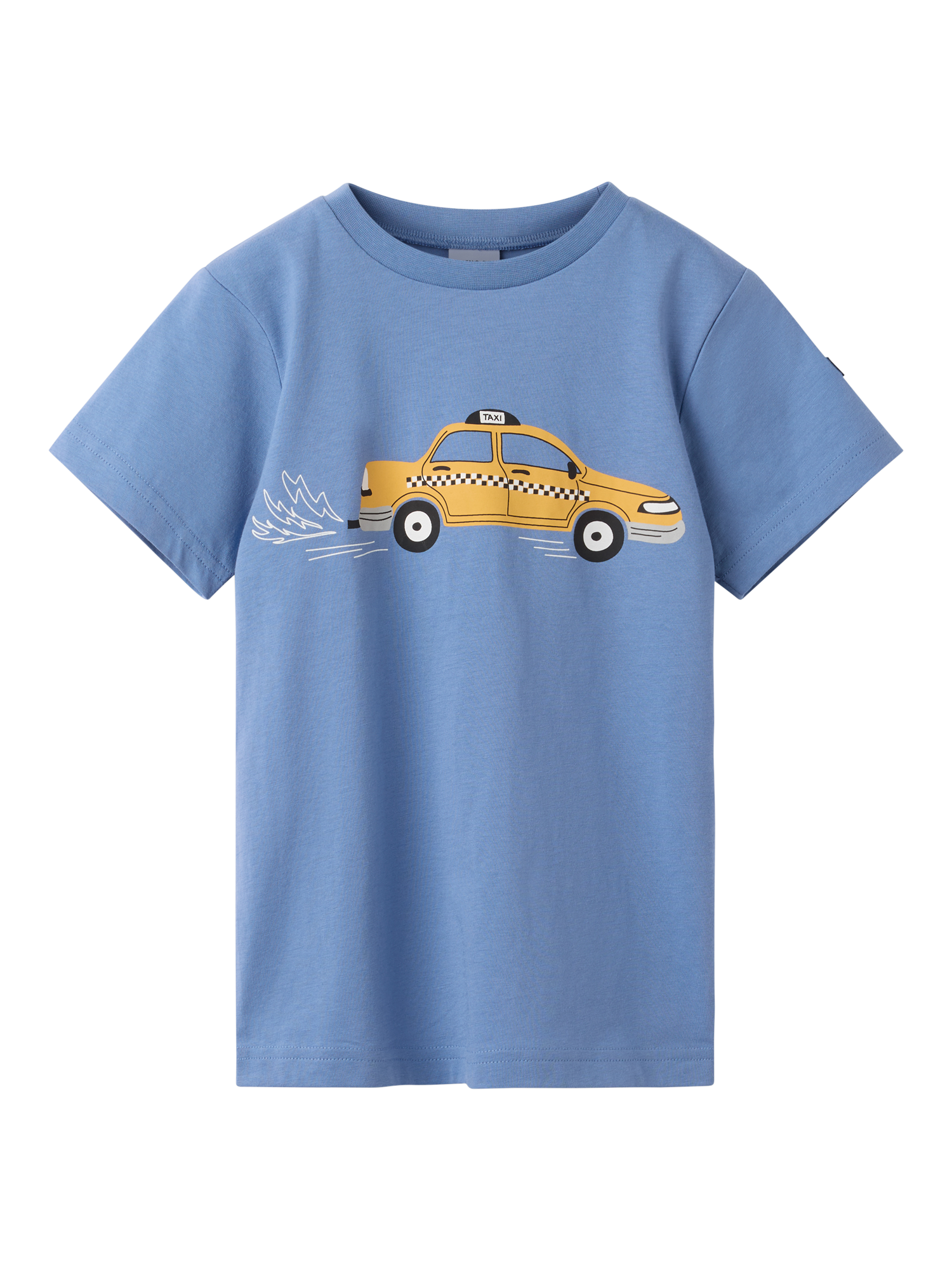 Product image 1 of 4, which shows Polarn O. Pyret Kids' Cotton Taxi Print T-Shirt, Blue, 3-4 years