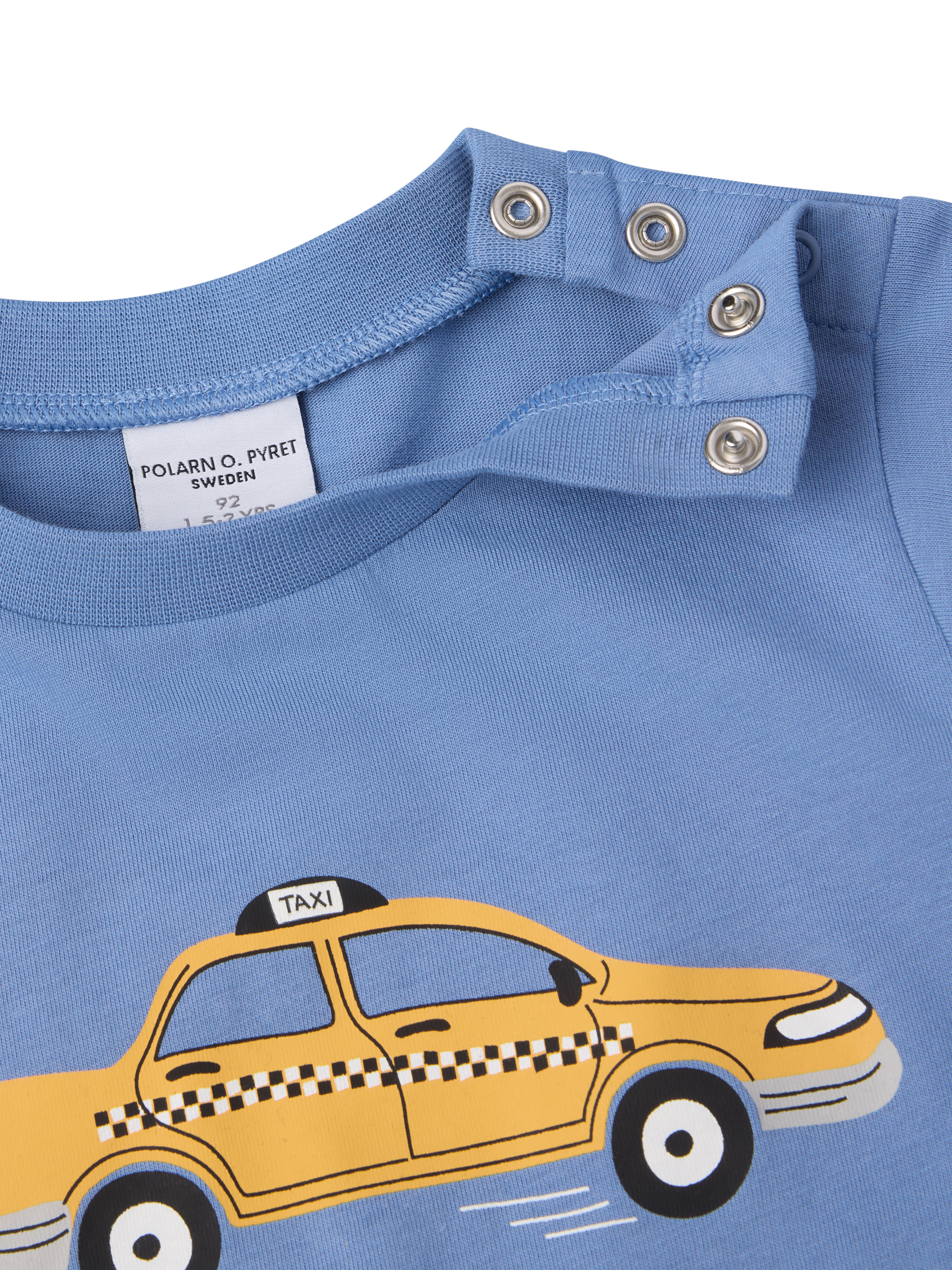 Product image 4 of 4, which shows Polarn O. Pyret Kids' Cotton Taxi Print T-Shirt, Blue, 3-4 years