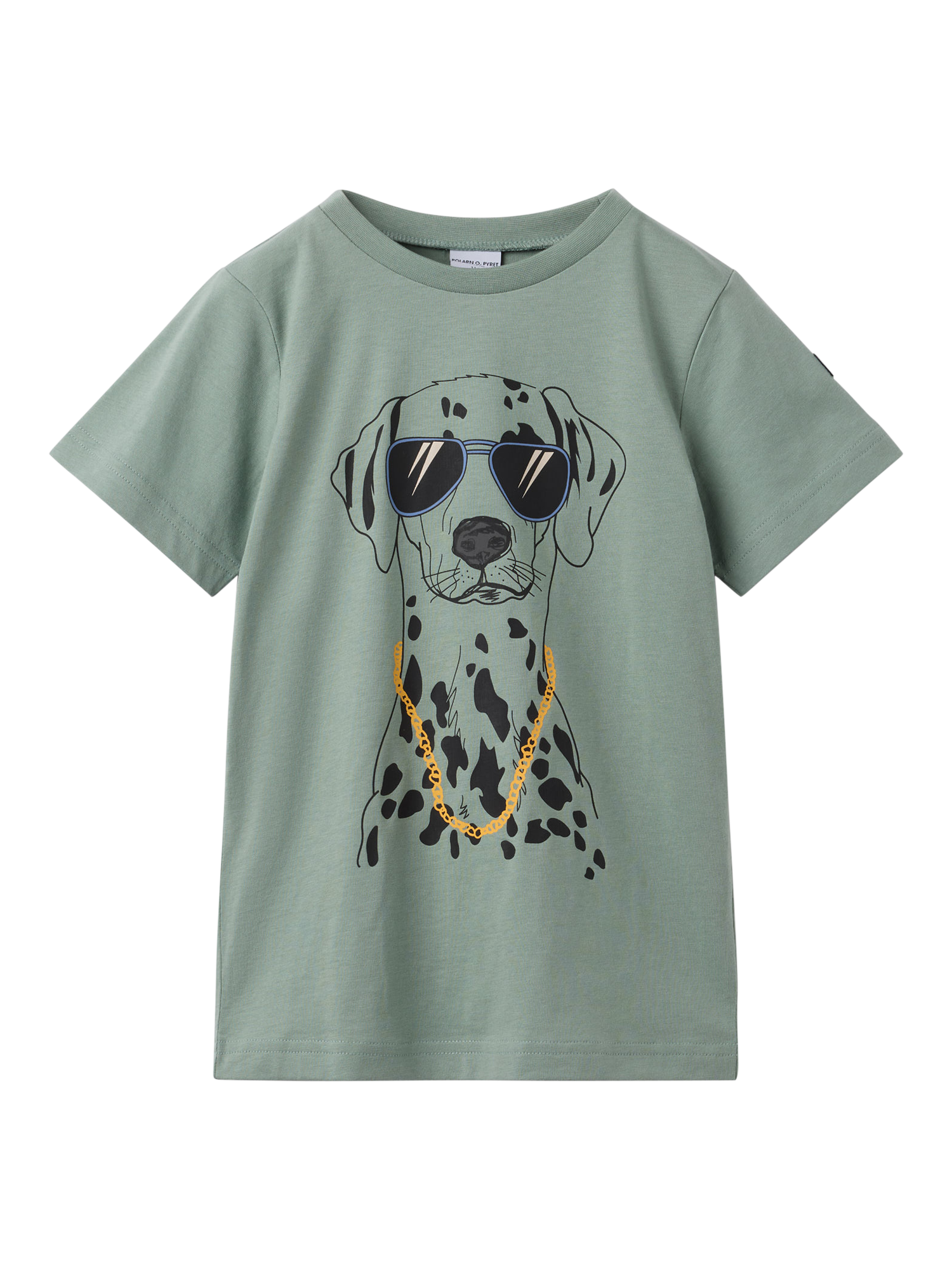 Product image 1 of 4, which shows Polarn O. Pyret Kids' Cotton Dog Print T-Shirt, Green, 3-4 years