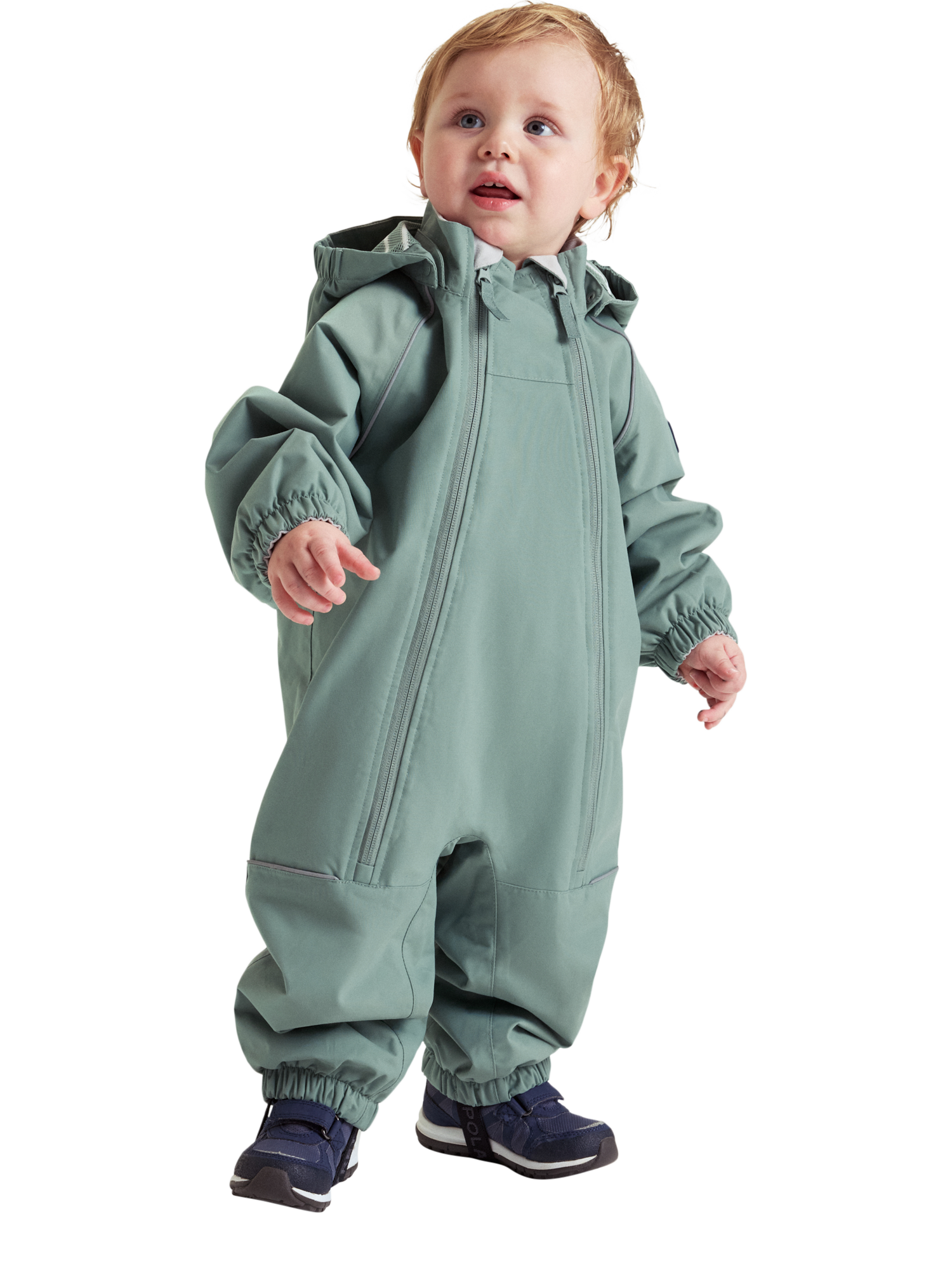 Product image 1 of 8, which shows Polarn O. Pyret Kids' Waterproof Puddlesuit, Green, 6-9 months
